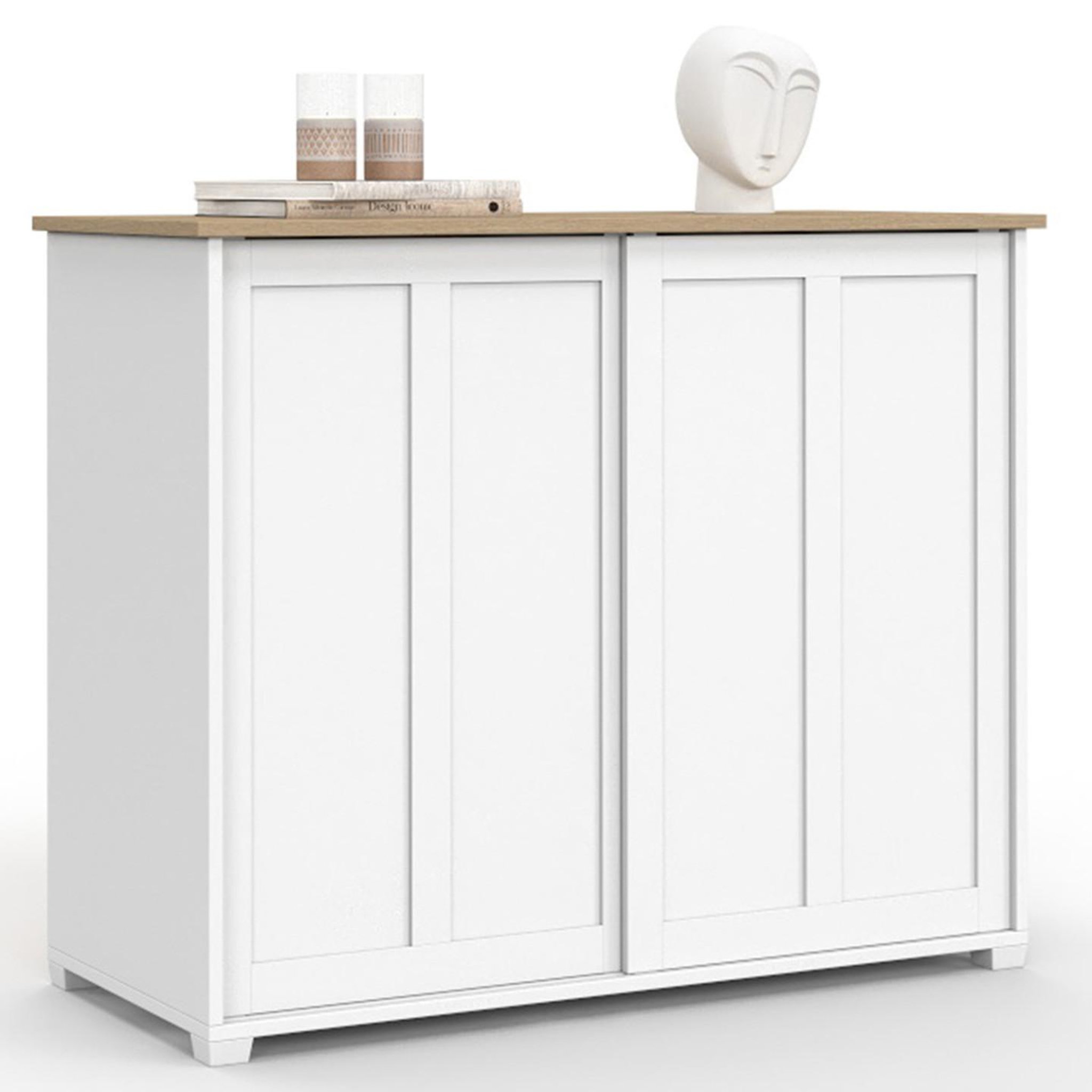 Voir la diapositive 4 : ID MARKET Buffet 100 cm JANGO 2 portes coulissantes blanc et plateau bois