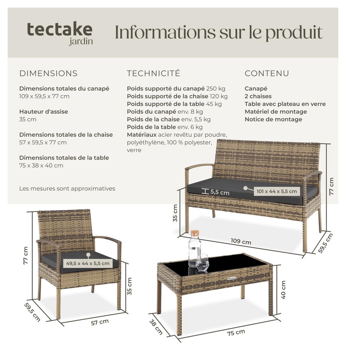 tectake Salon de jardin pour 4 personnes marron naturel