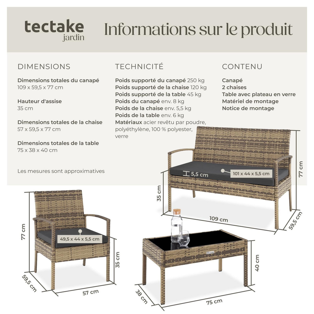 tectake Salon de jardin pour 4 personnes marron naturel