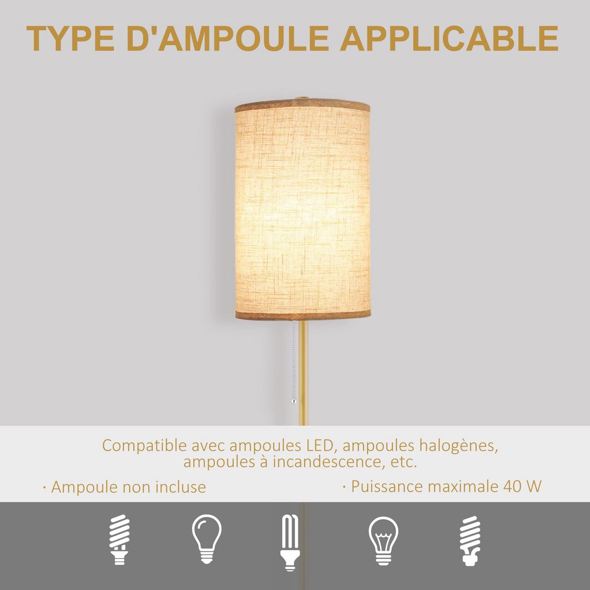 HOMCOM Lampadaire design néo-rétro 40 W max. piètement mât acier doré abat-jour lin crème