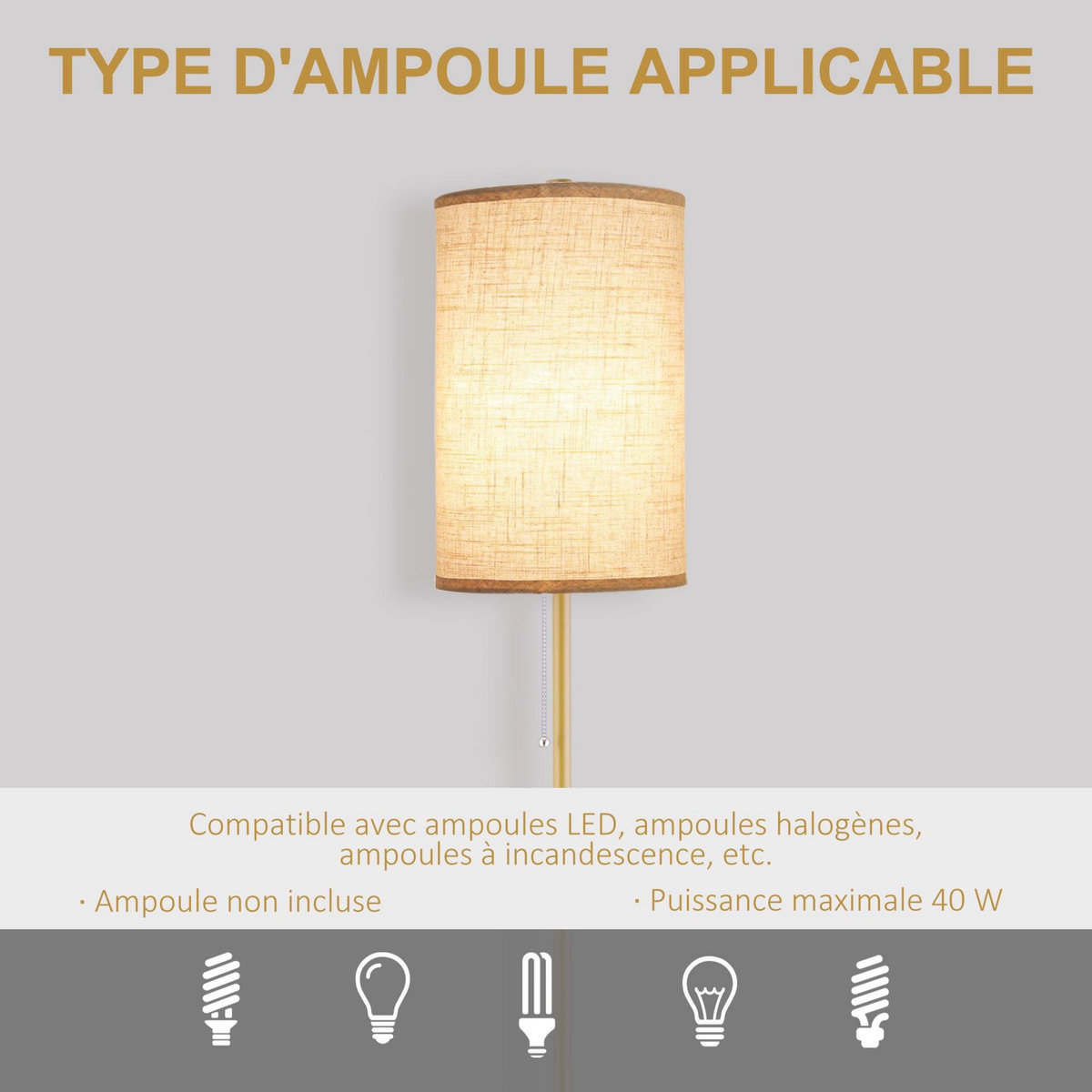 HOMCOM Lampadaire design néo-rétro 40 W max. piètement mât acier doré abat-jour lin crème