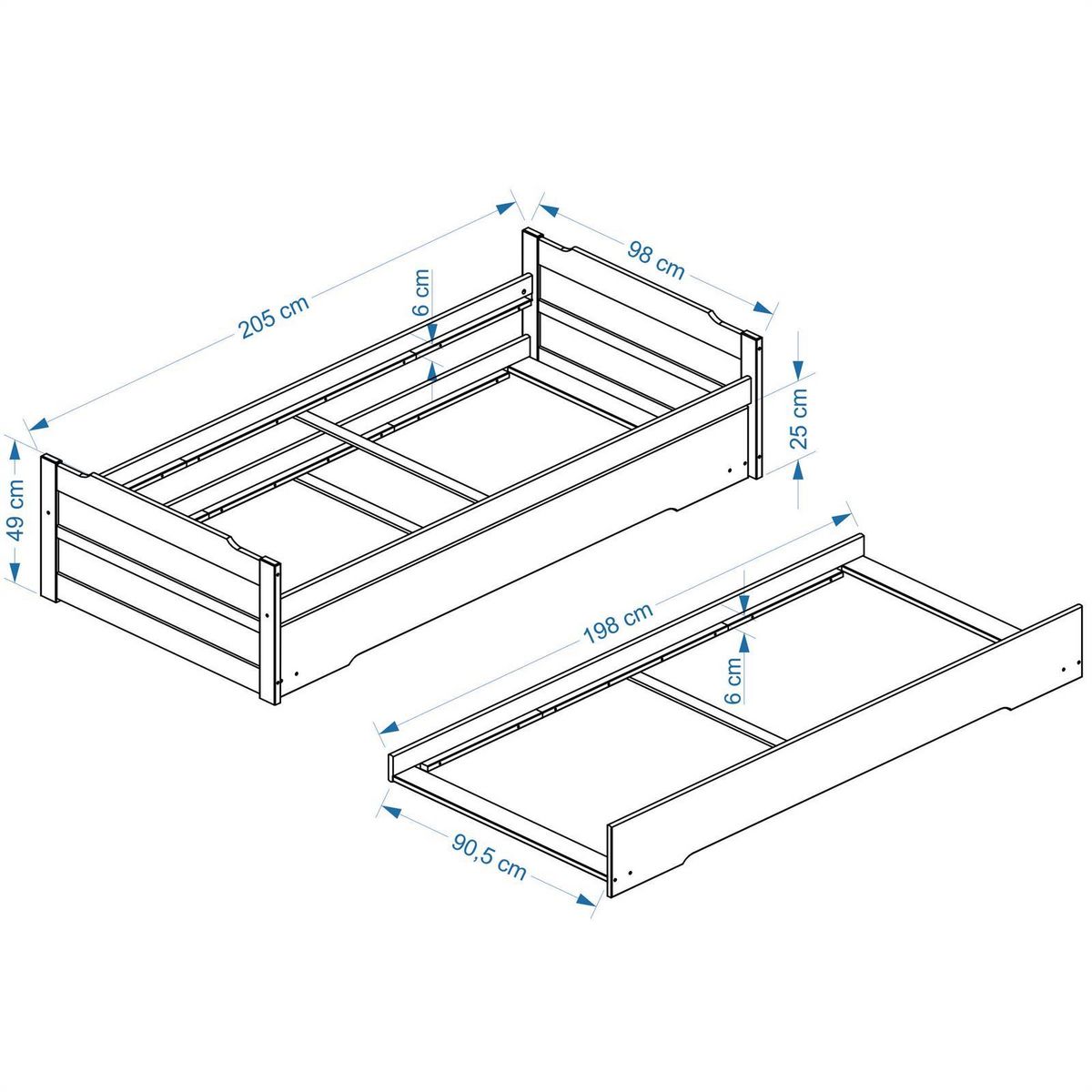 IDIMEX Lit gigogne LORENA en pin massif, 90 x 200 cm