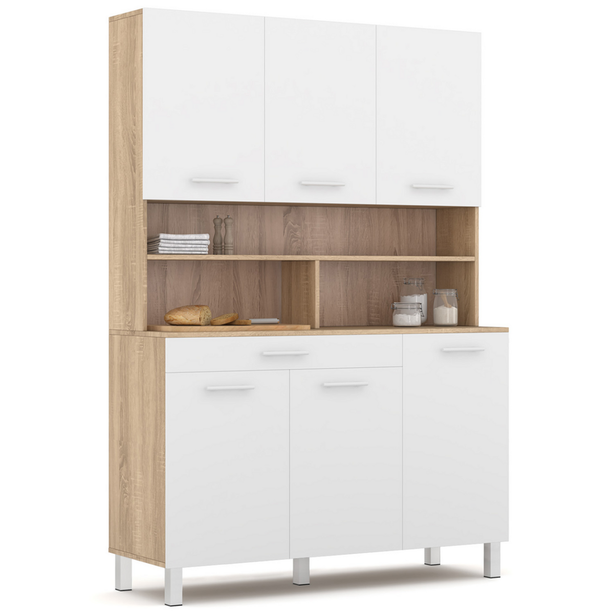 ID MARKET Buffet de cuisine 120 CM CINA 6 portes + tiroir façon hêtre et blanc