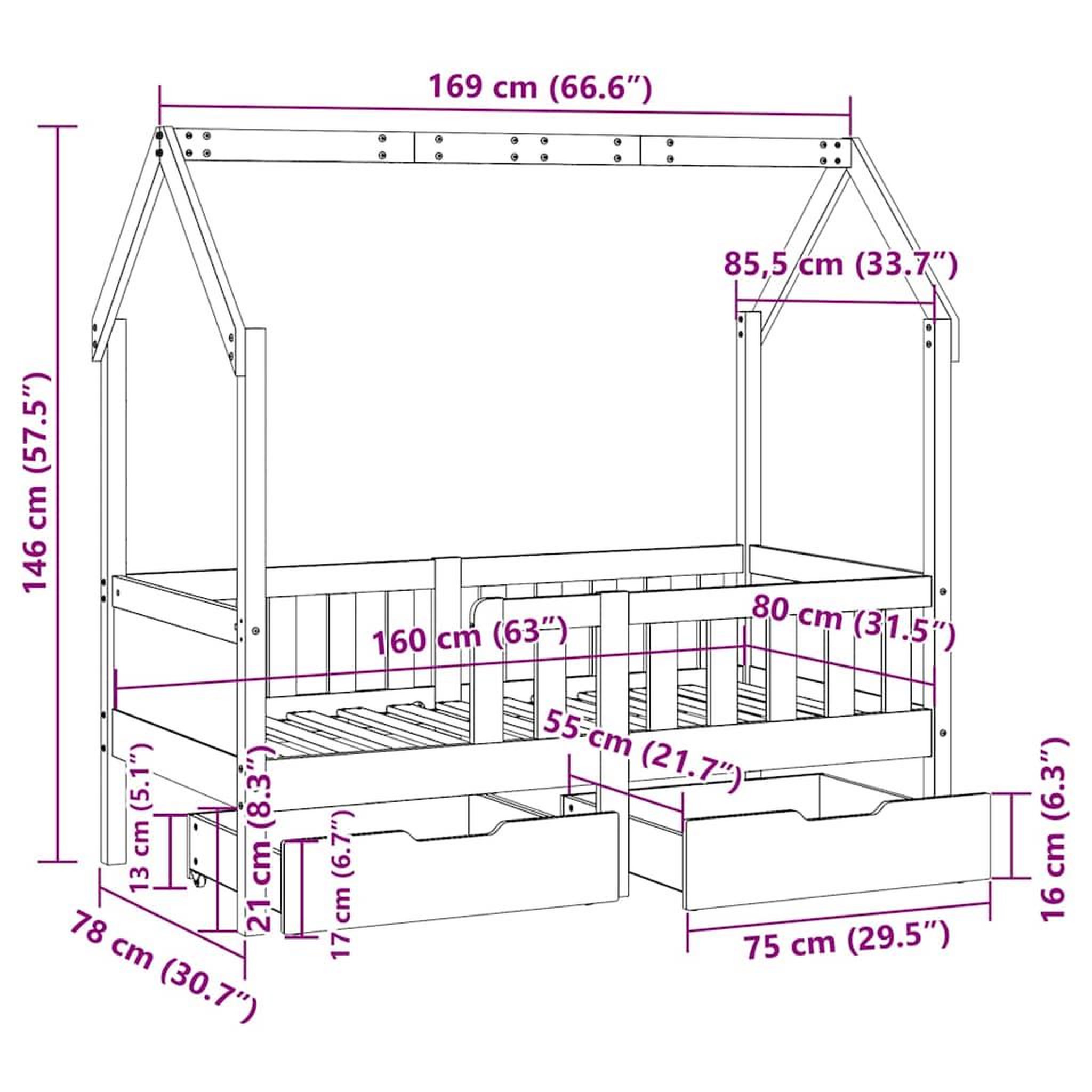 Voir la diapositive 6 : VIDAXL Cadre de lit enfant avec tiroirs sans matelas 80x160 cm bois