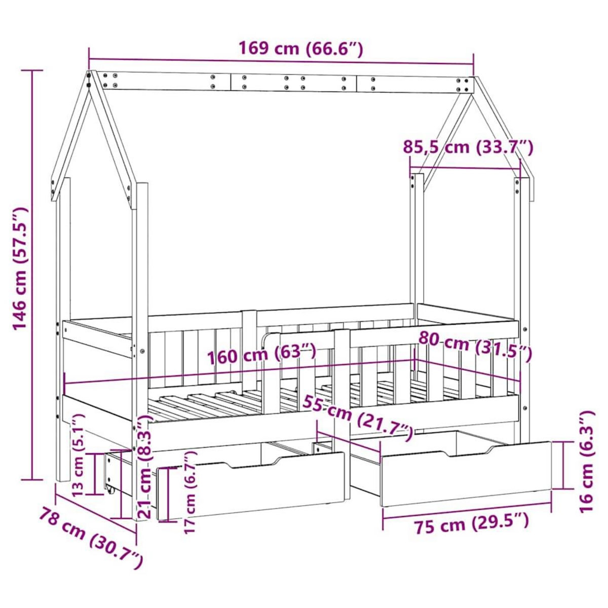 VIDAXL Cadre de lit enfant avec tiroirs sans matelas 80x160 cm bois