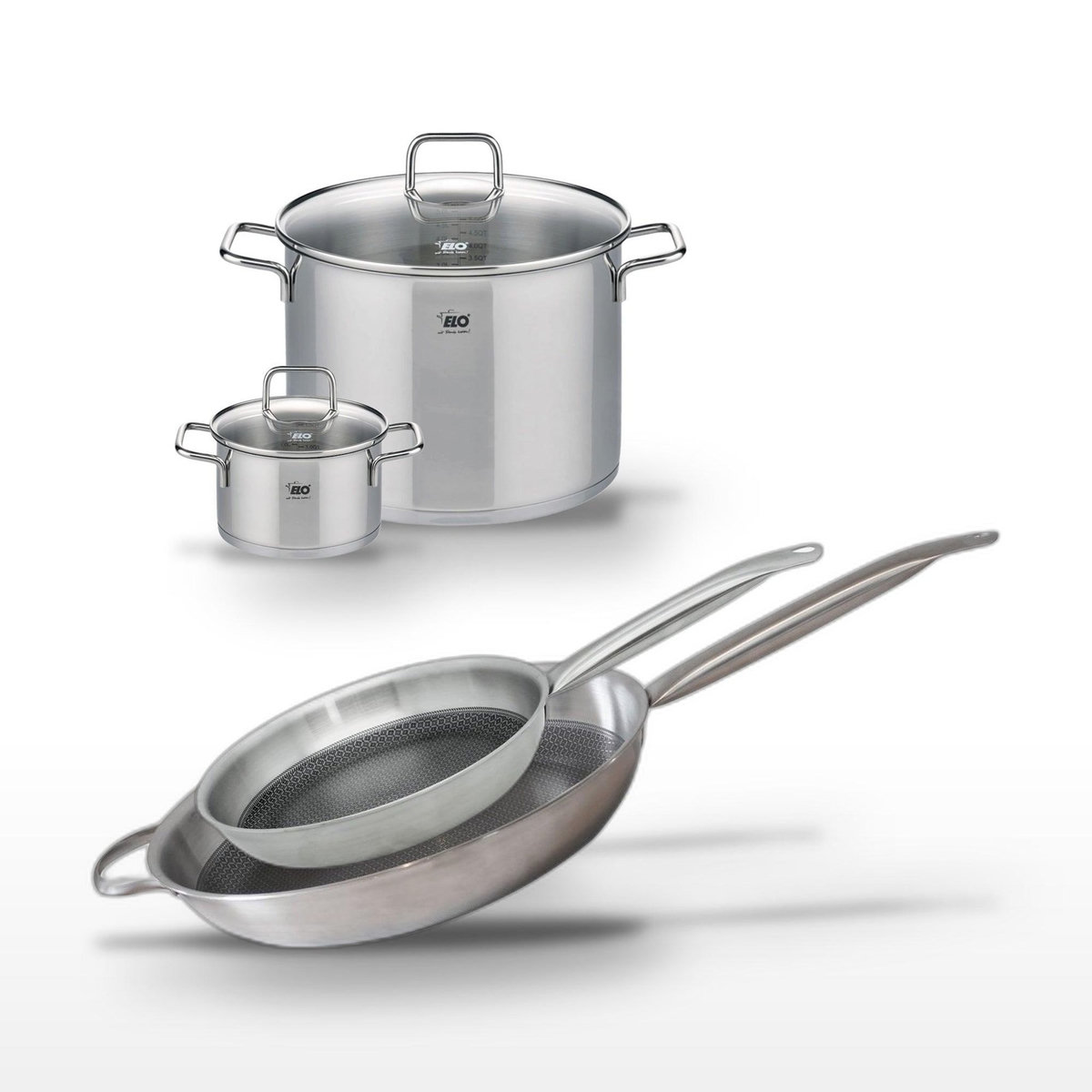 ELO Lot Faitout 26cm, Faitout 16cm et Poêles 32/28cm Elo Relief Solution