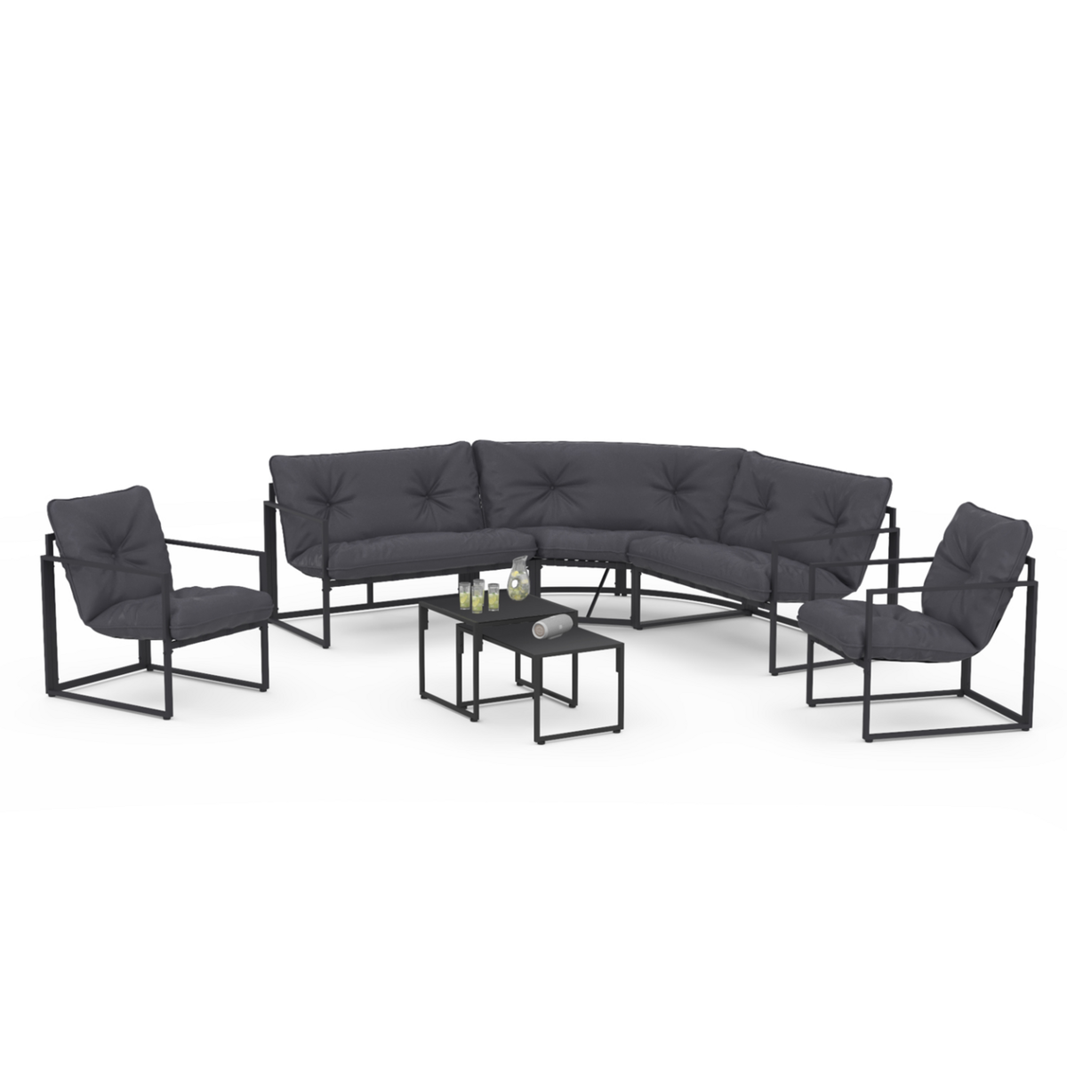 ID MARKET Salon de jardin bas NAIROBI 8 places salon d'angle en acier gris anthracite