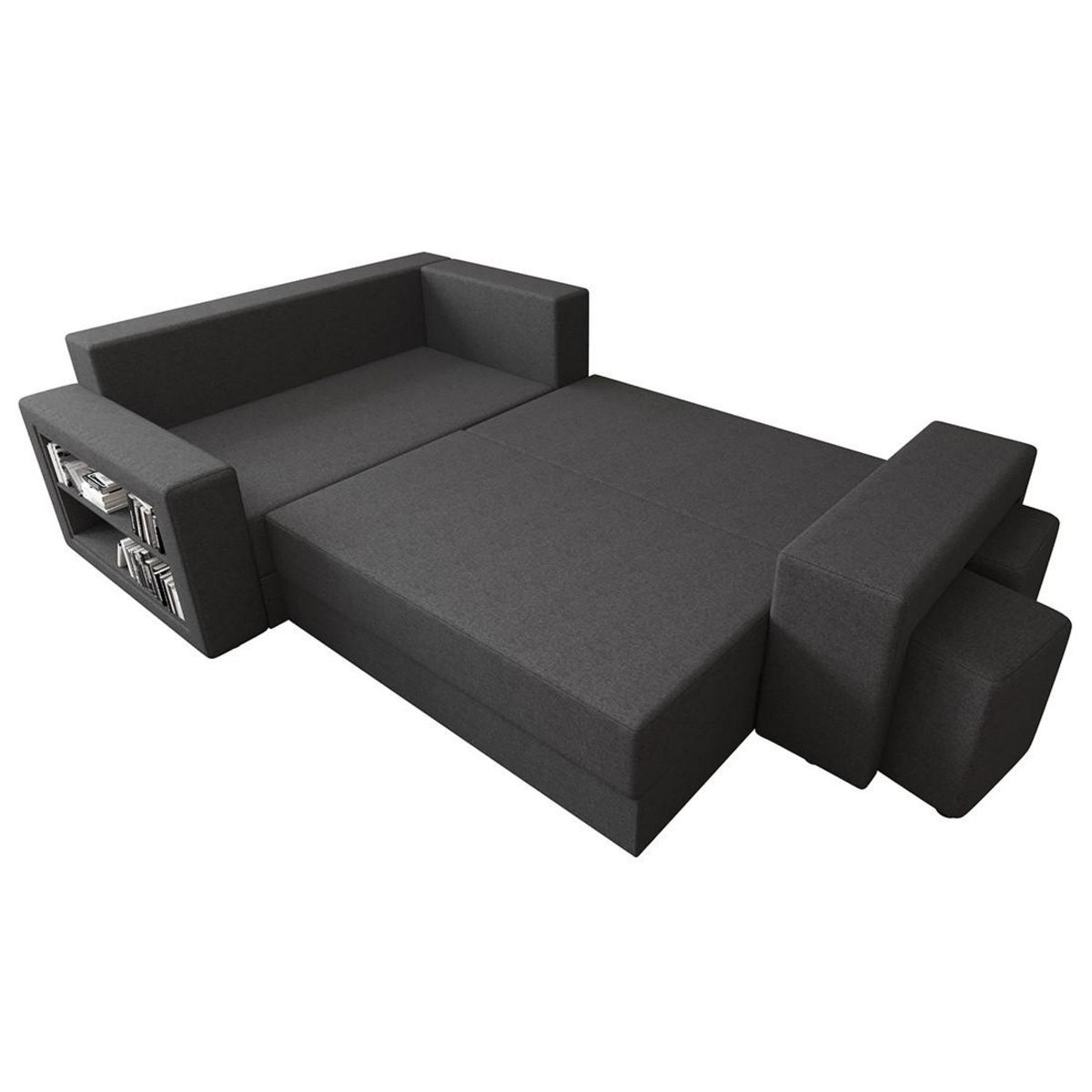 BEST MOBILIER Libbie - canapé d'angle gauche 4 places convertible avec coffre, étagère et poufs en tissu