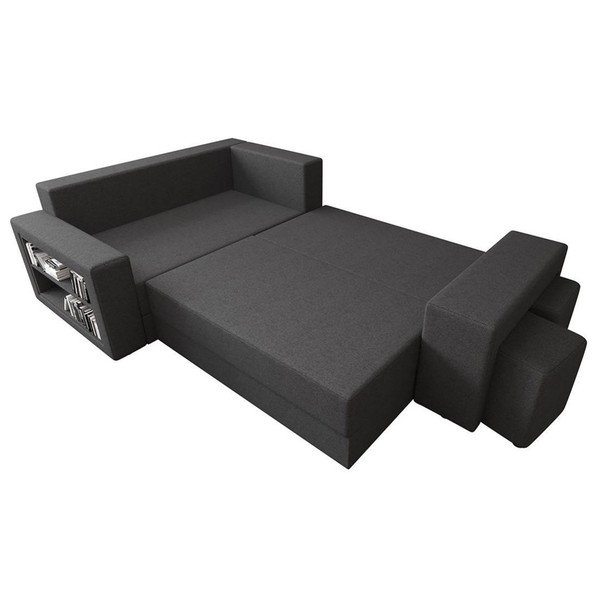 BEST MOBILIER Libbie - canapé d'angle gauche 4 places convertible avec coffre, étagère et poufs en tissu
