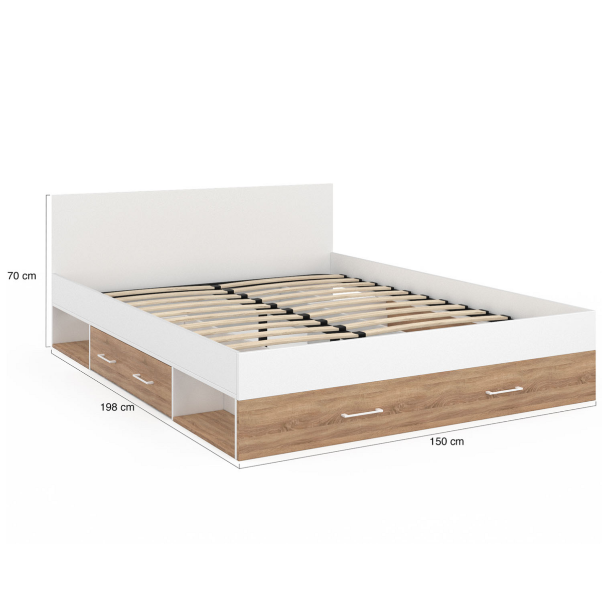ID MARKET Lit double MINEA avec tiroirs + niches de rangement + tête de lit et sommier 140 x 190 cm façon hêtre et blanc