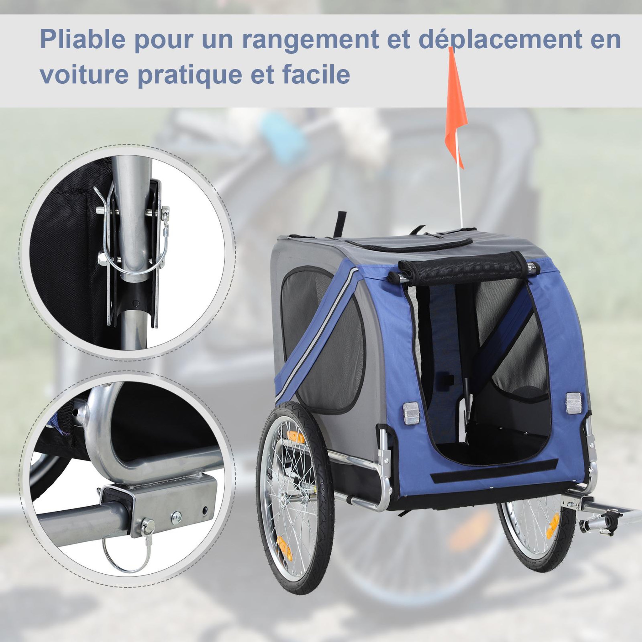 Voir la diapositive 6 : PAWHUT Remorque vélo pour chien animaux pliable 8 réflecteurs drapeau barre attelage inclus acier polyester imperméable max. 30 kg 130l x 73l x 90h cm bleu