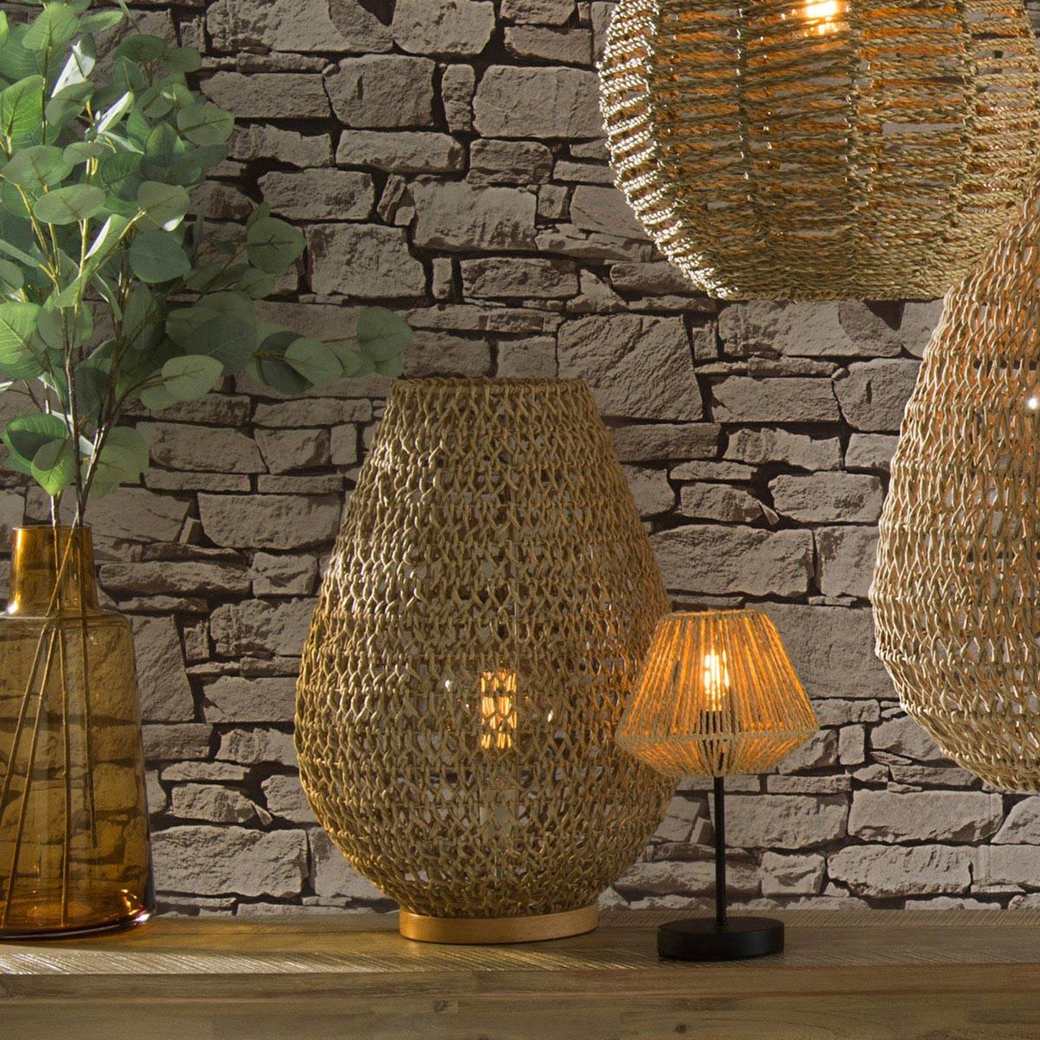 Voir la diapositive 3 : ATMOSPHERA Lampe à poser tressée en bois eté indien - h. 55 cm - beige
