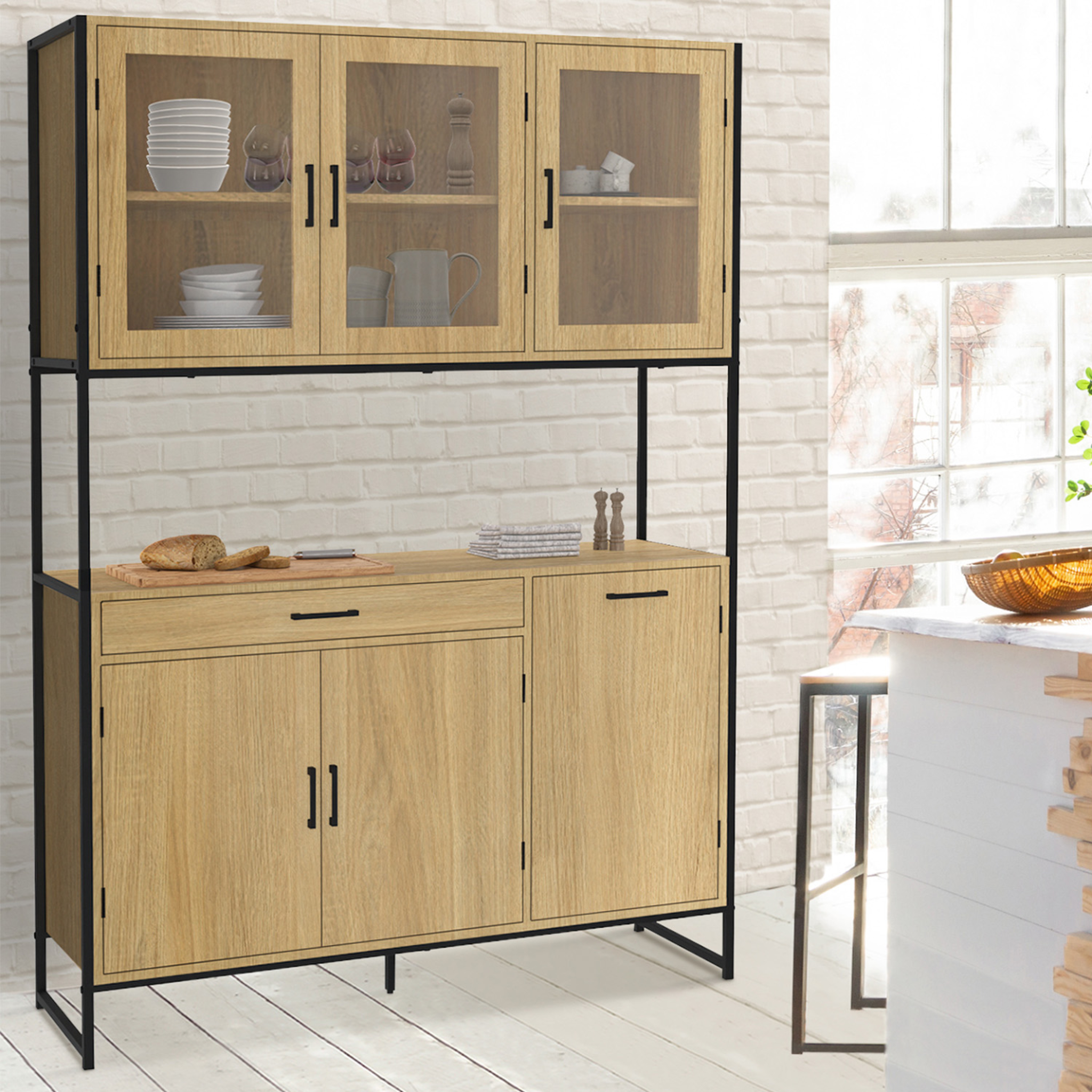 Voir la diapositive 2 : ID MARKET Buffet de cuisine vitré 120 cm detroit meuble vaisselier 6 portes design industriel + tiroir