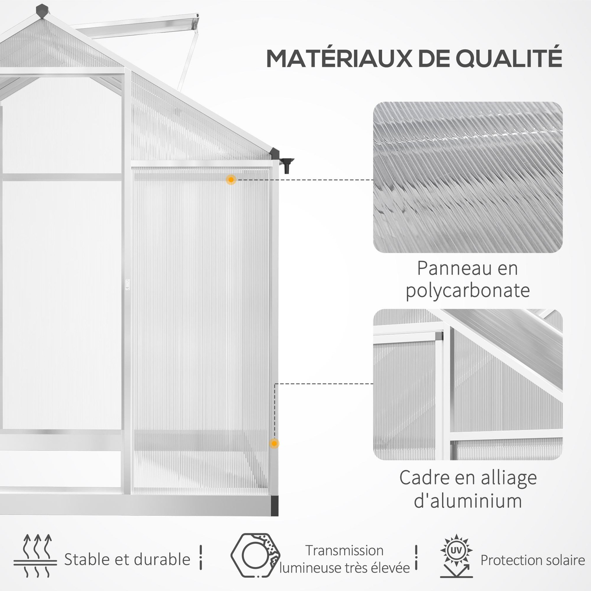 Voir la diapositive 4 : OUTSUNNY Serre de jardin aluminium polycarbonate 4,6 m² dim. 2,42L x 1,9l x 1,95H m fondation lucarne porte loquet
