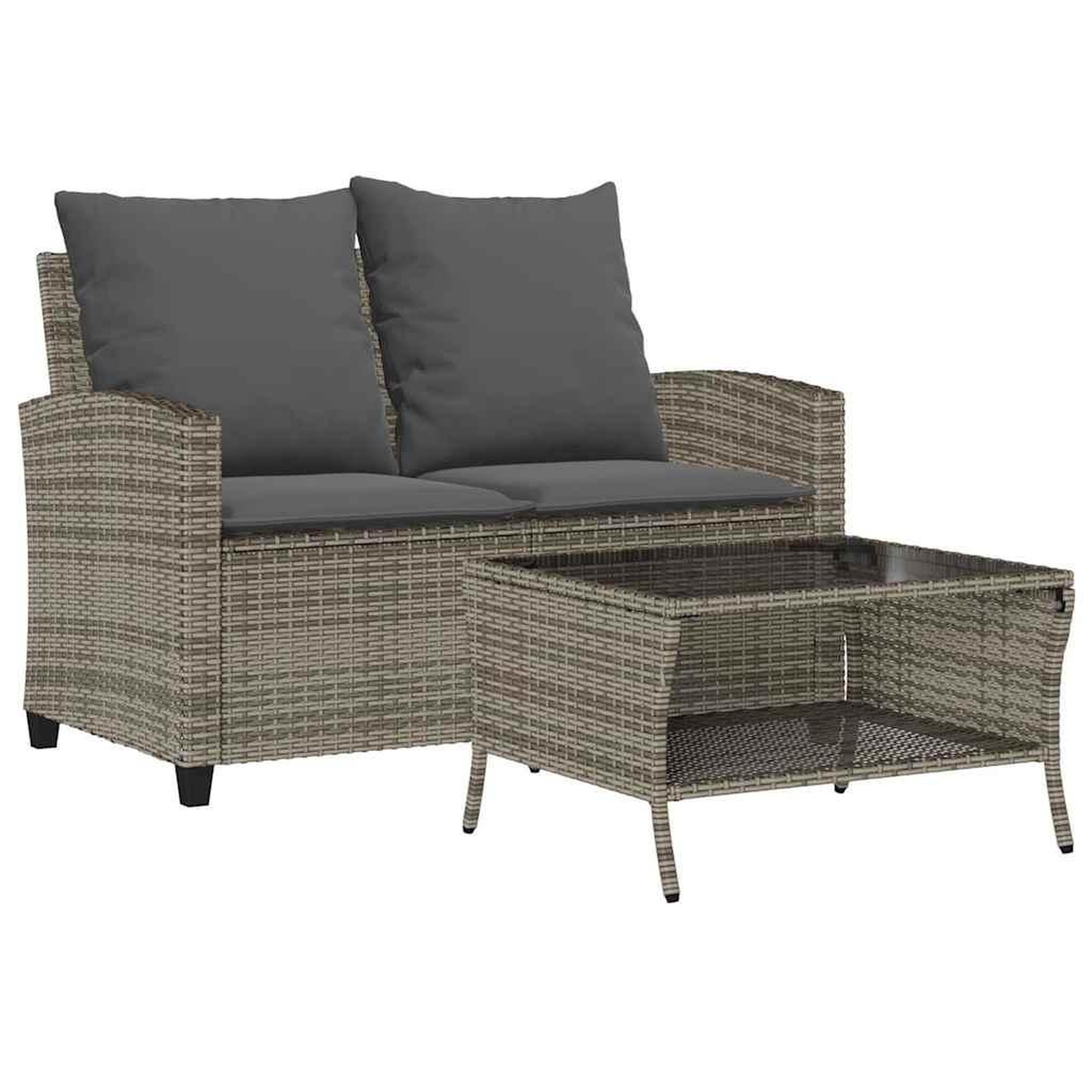 Voir la diapositive 2 : VIDAXL Canape de jardin 2 places coussins et table gris resine tressee