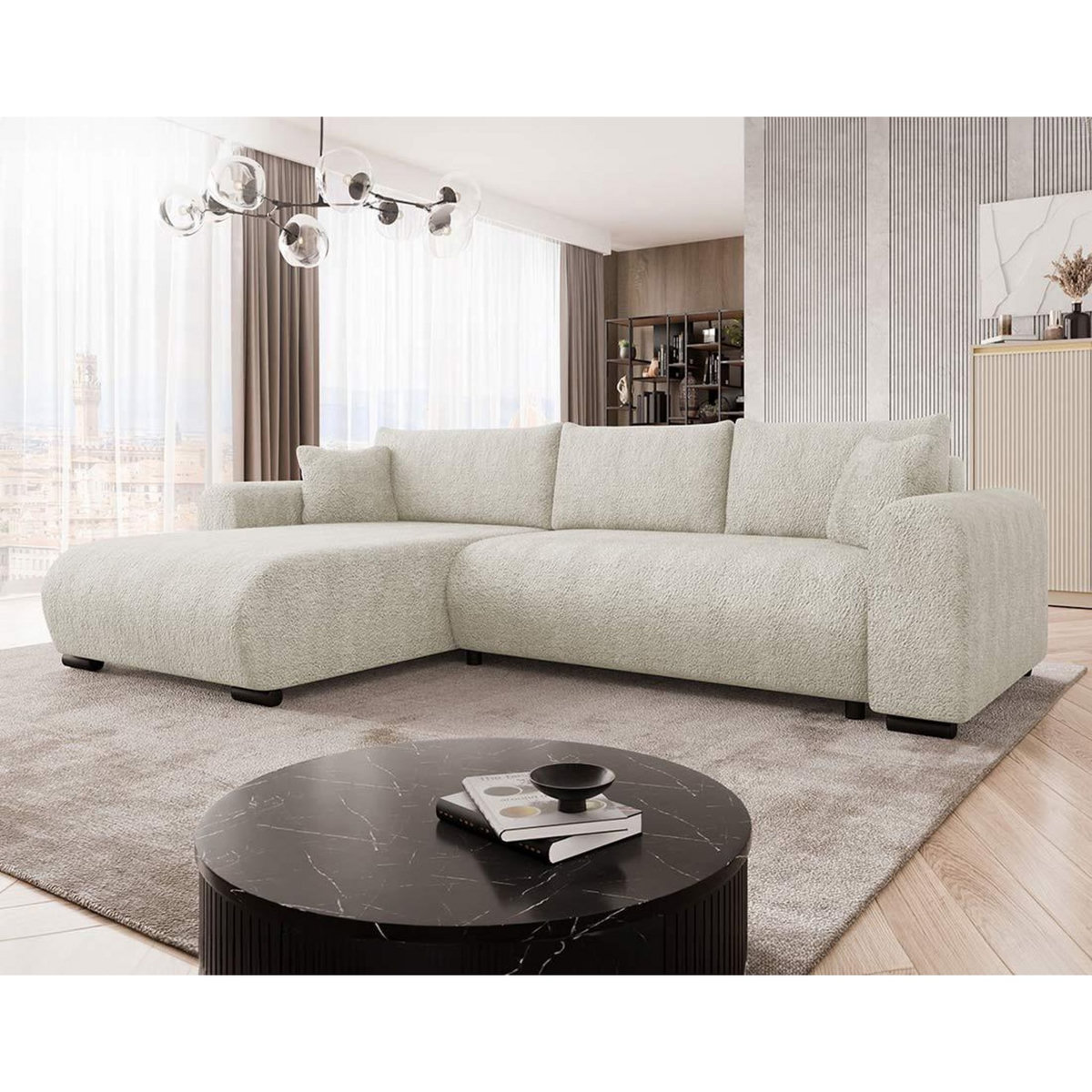 BEST MOBILIER Rosalie - canapé d'angle réversible 4 places convertible avec coffre en tissu bouclette