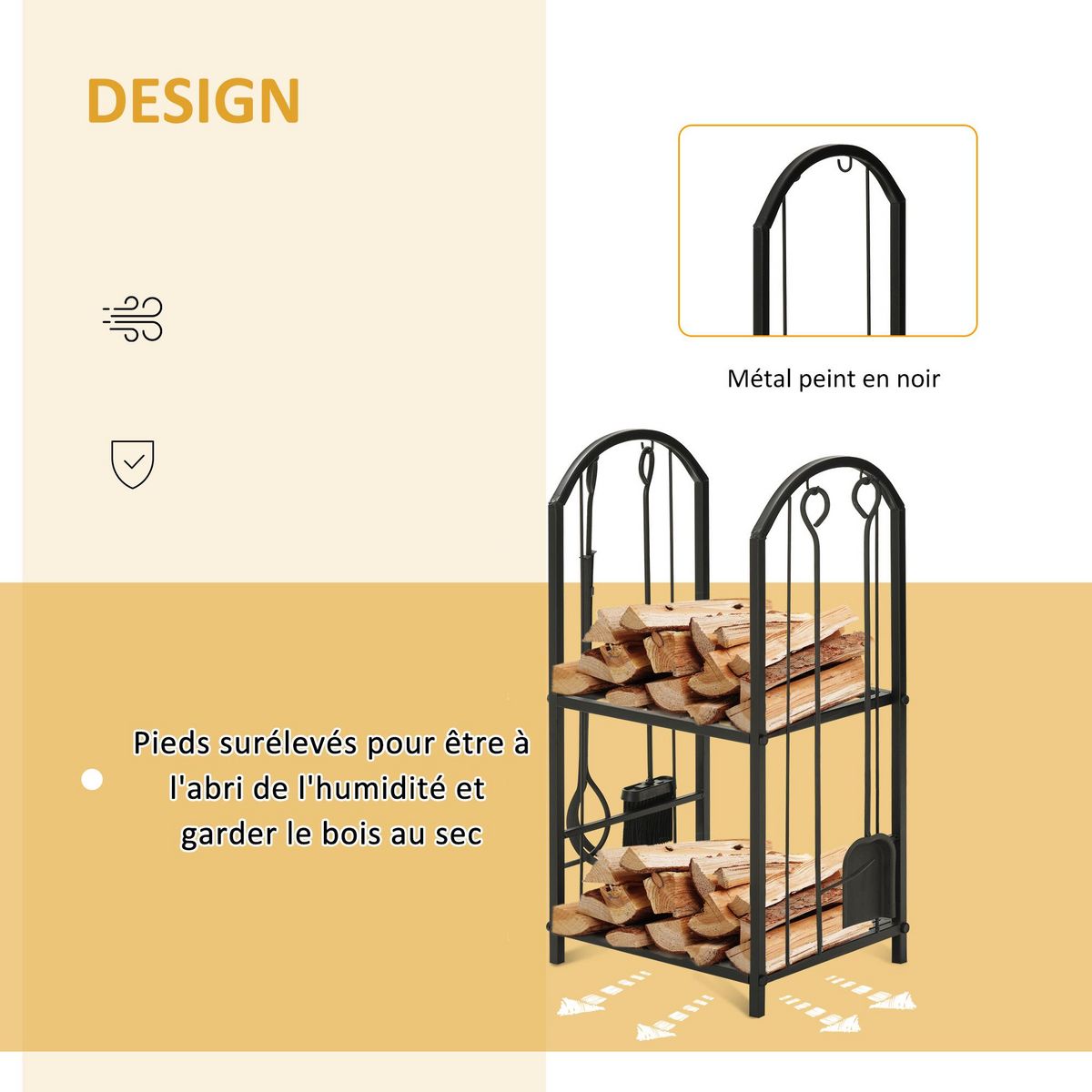 OUTSUNNY Serviteur de cheminée - porte bûches - range bûches multi-accessoires 2 étagères métal noir