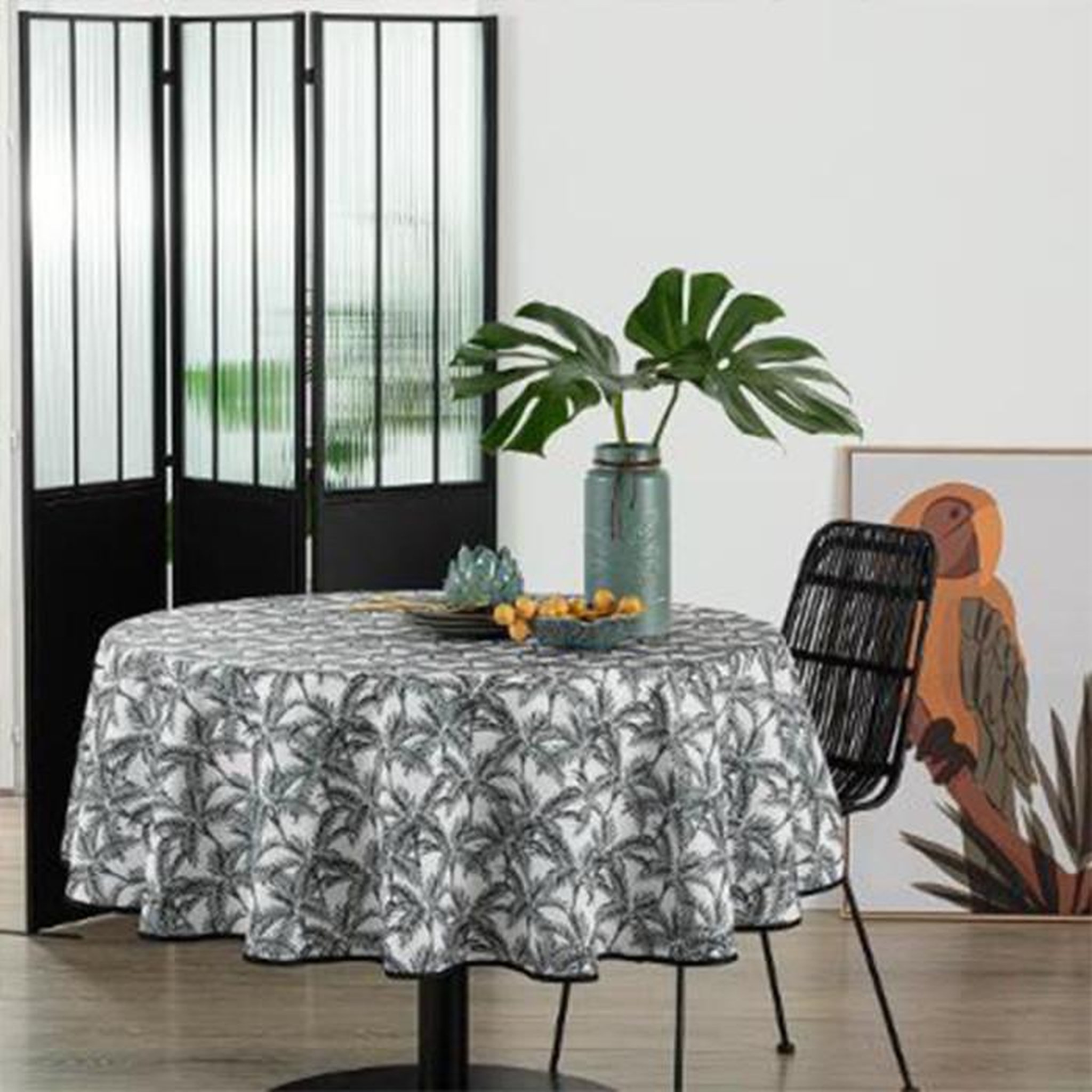 Voir la diapositive 4 : ATMOSPHERA Nappe antitache imprimée  palmier  180cm gris