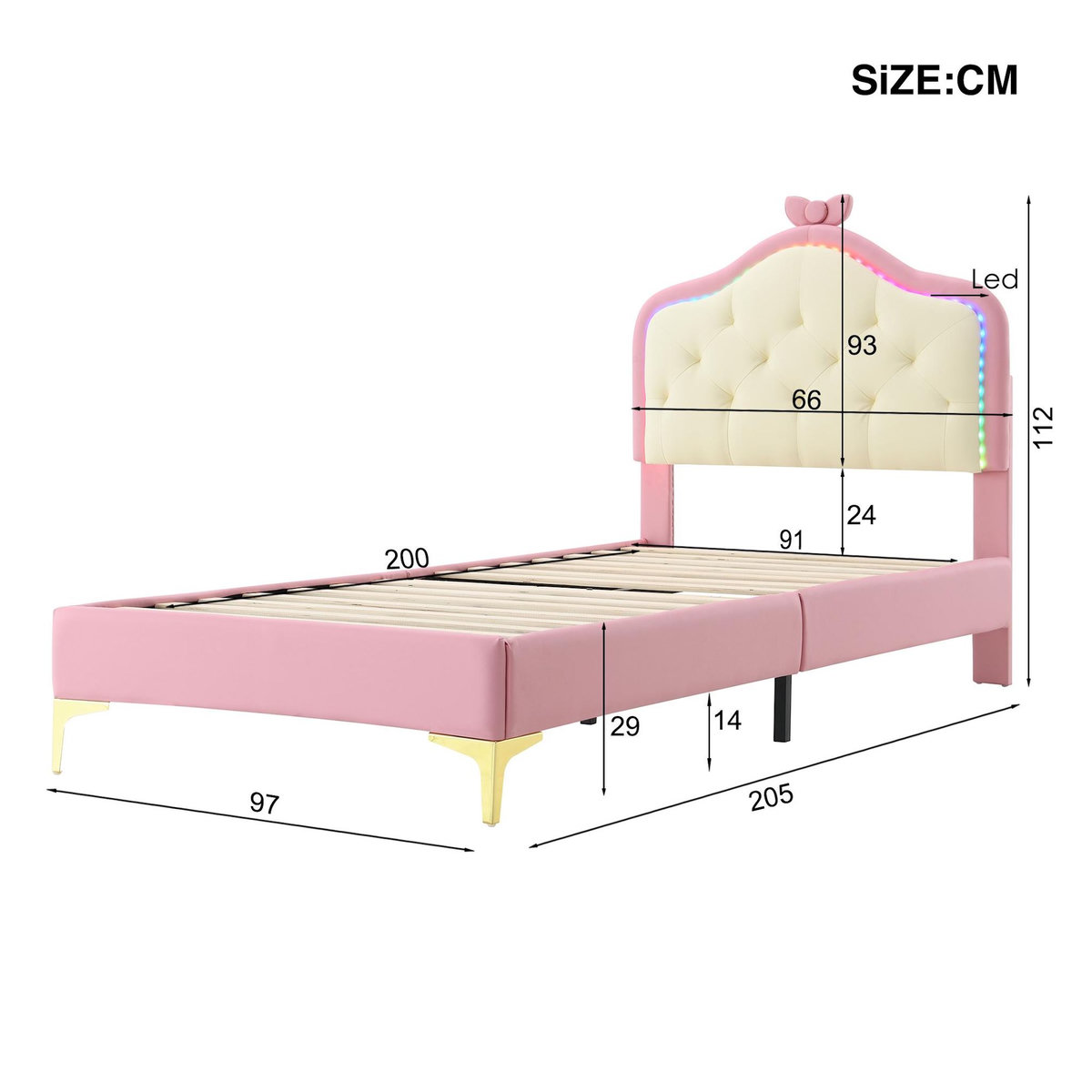 MERAX Lit simple enfant rembourré 90x200cm pu coloris rose led