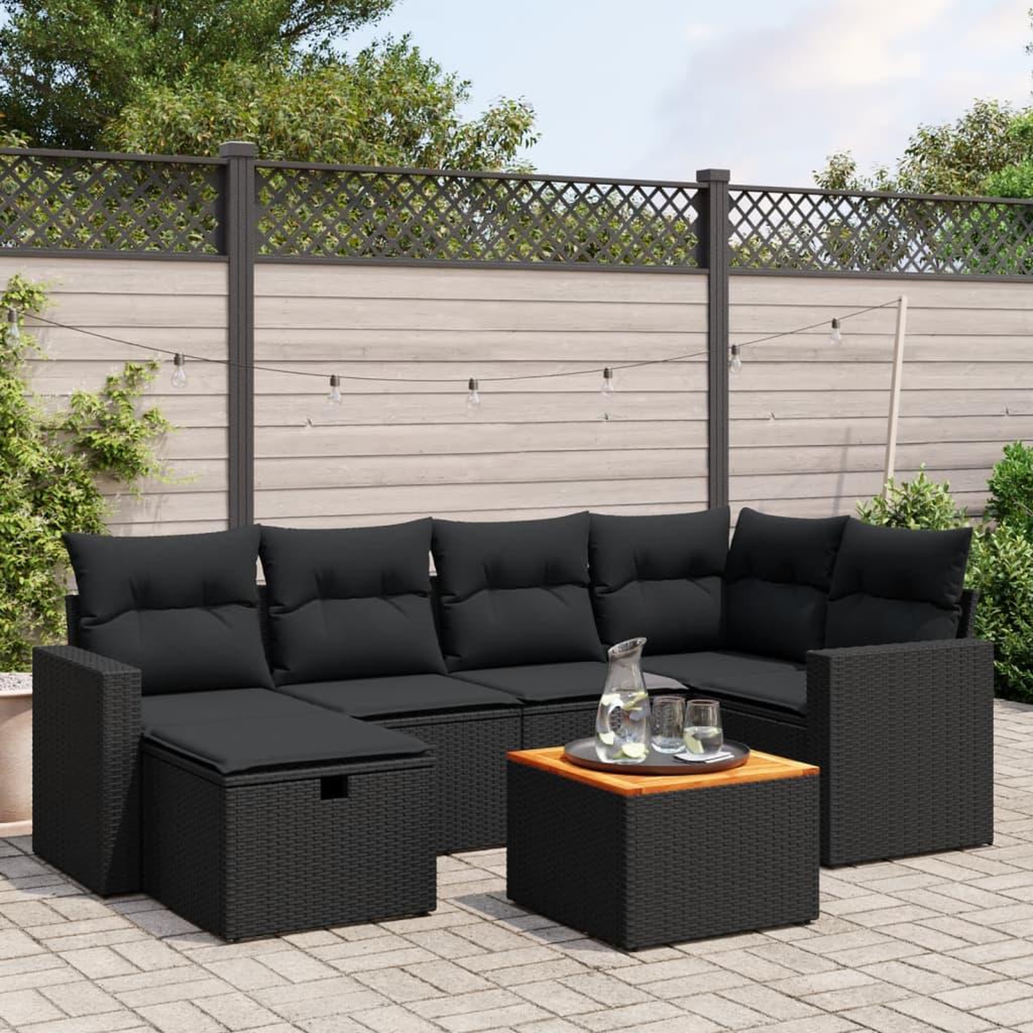 VIDAXL Salon de jardin 7 pcs avec coussins noir resine tressee