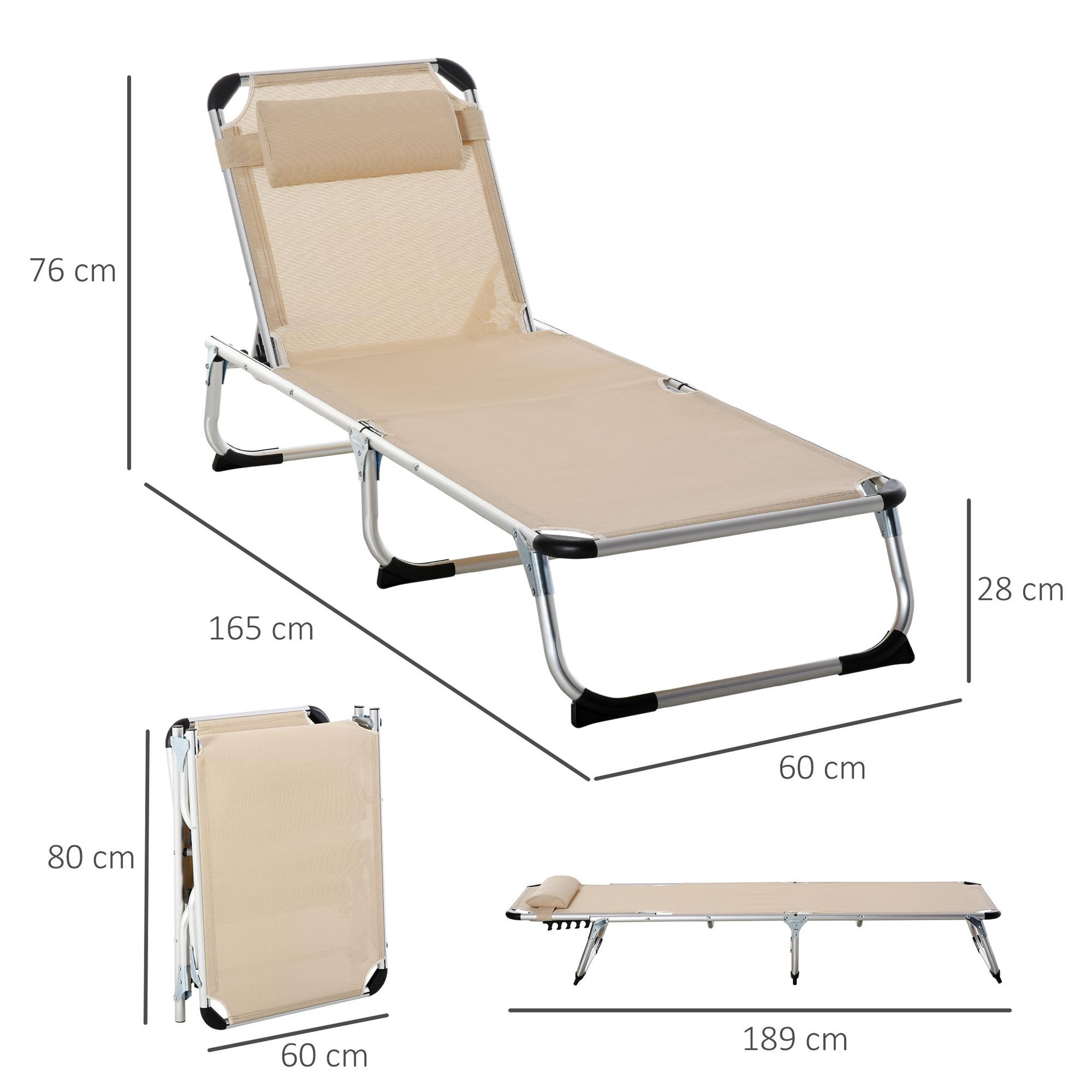 Voir la diapositive 3 : OUTSUNNY Bain de soleil transat pliable grand confort dossier réglable multi-position tétière alu. textilène beige