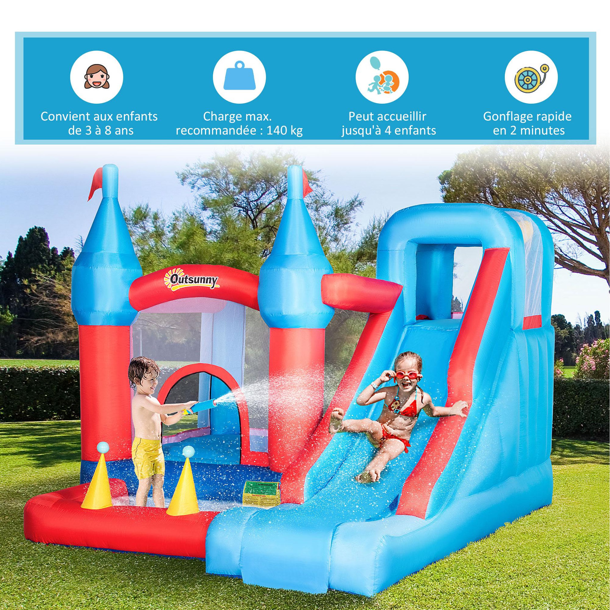 Voir la diapositive 5 : OUTSUNNY Château gonflable enfant - toboggan, trampoline, piscine, mur d'escalade - gonfleur, sac de transport inclus - dim. 3,33L x 2,8l x 2,1H m - polyester rouge bleu