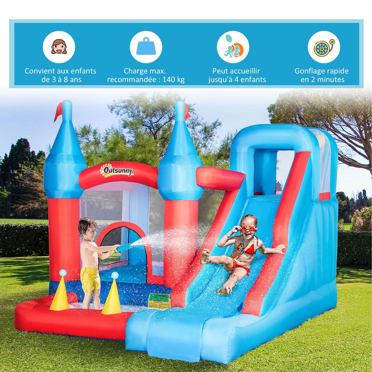 OUTSUNNY Château gonflable enfant - toboggan, trampoline, piscine, mur d'escalade - gonfleur, sac de transport inclus - dim. 3,33L x 2,8l x 2,1H m - polyester rouge bleu