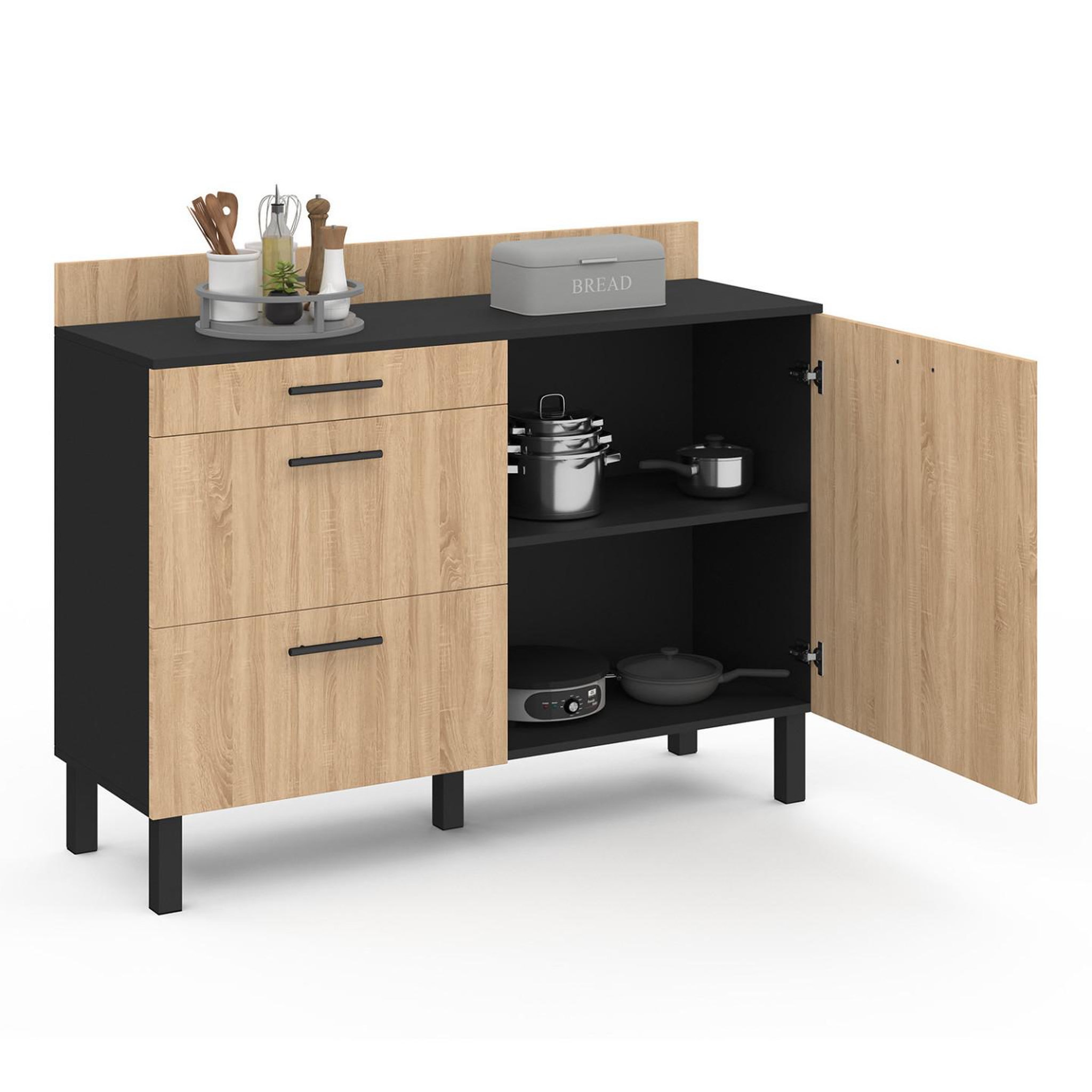 Voir la diapositive 5 : ID MARKET Buffet bas casserolier de cuisine 120 cm cina plan de travail h.83 cm 1 porte + 3 tiroirs noir et façon hêtre