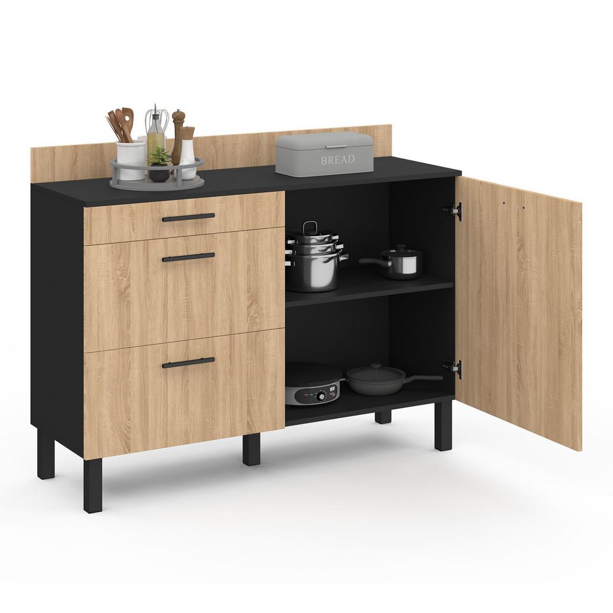 ID MARKET Buffet bas casserolier de cuisine 120 cm CINA plan de travail H.83 cm 1 porte + 3 tiroirs noir et façon hêtre