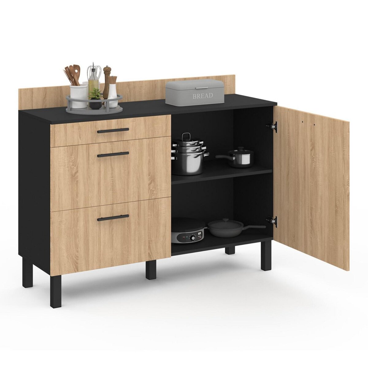 ID MARKET Buffet bas casserolier de cuisine 120 cm CINA plan de travail H.83 cm 1 porte + 3 tiroirs noir et façon hêtre
