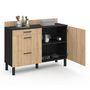 Voir la diapositive 5 : ID MARKET Buffet bas casserolier de cuisine 120 cm CINA plan de travail H.83 cm 1 porte + 3 tiroirs noir et façon hêtre
