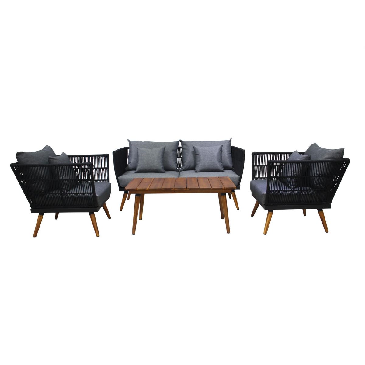 BEST MOBILIER Tiago - salon bas de jardin 4 places + table - corde et bois - noir et coussins gris