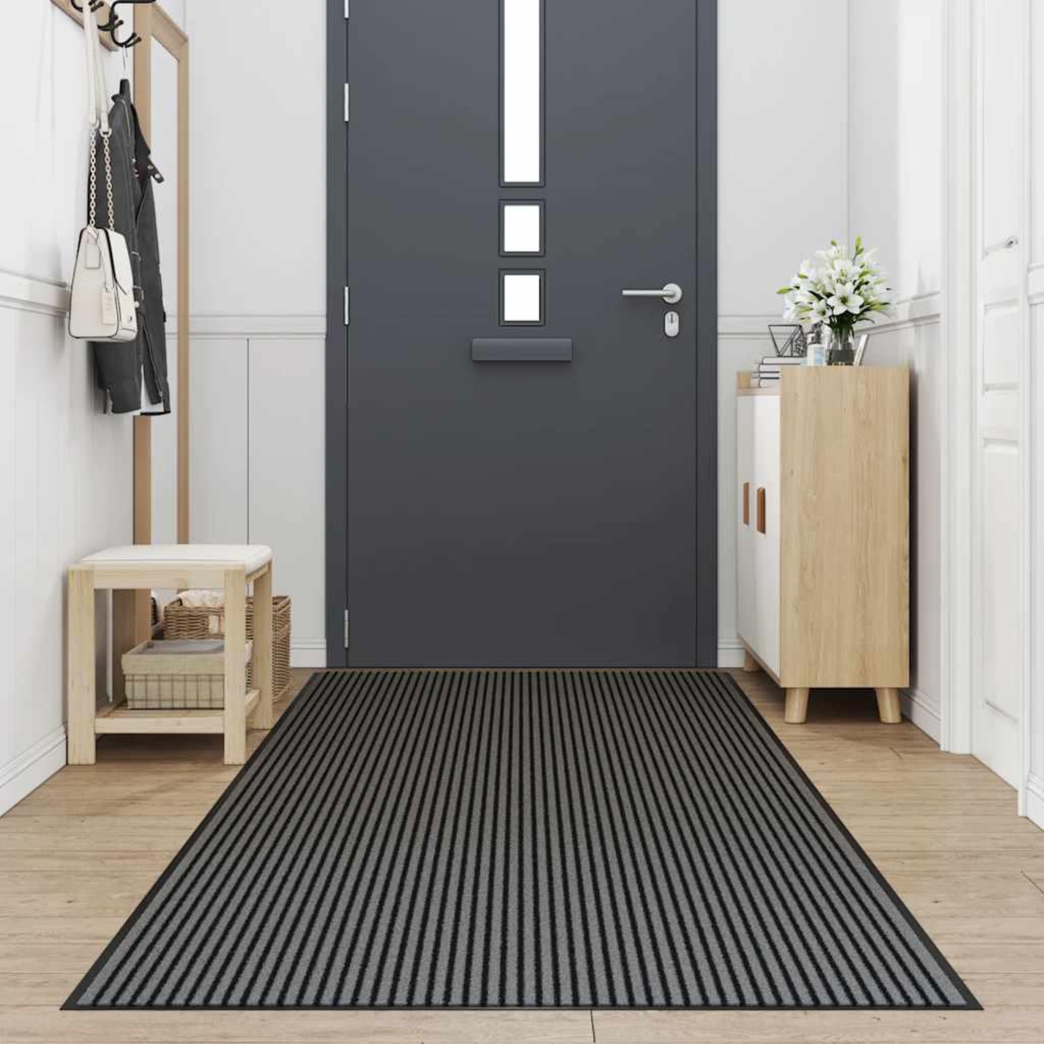 Voir la diapositive 2 : VIDAXL Paillasson noir et gris a rayures 115x300 cm