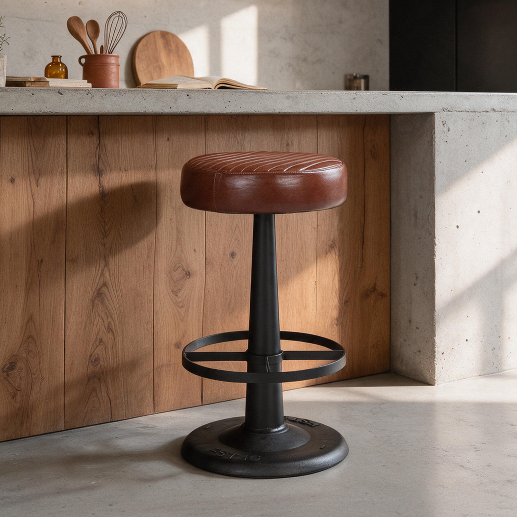 Voir la diapositive 2 : MAISON PAVANE Tabouret pour îlot central 65 cm en cuir de buffle marron foncé-Lucien