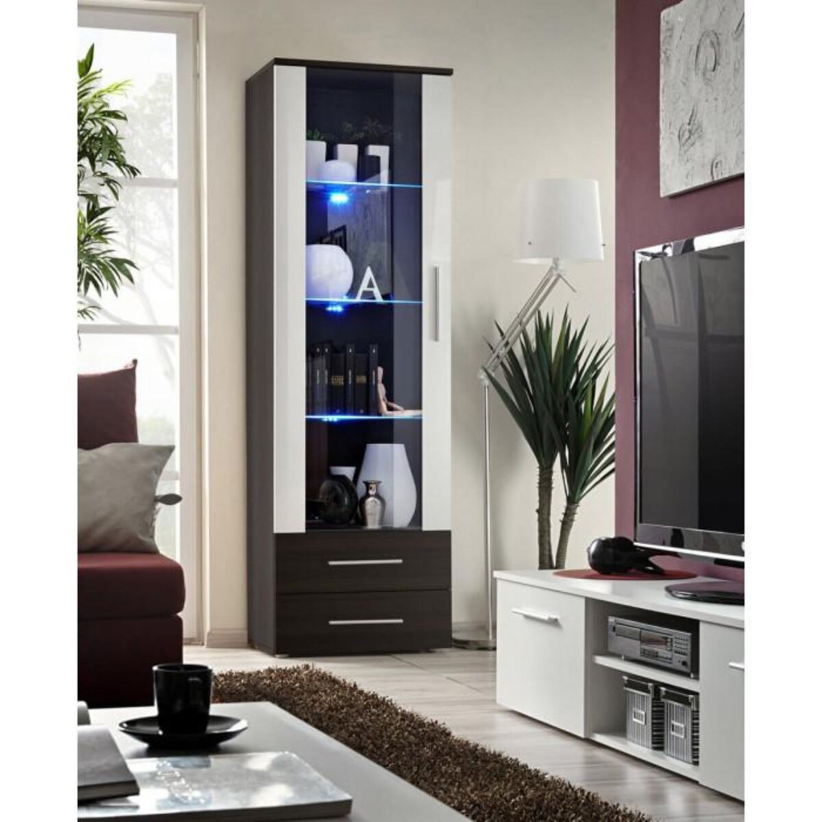 Paris Prix Vitrine LED Design  Neo  190cm Wengé & Porte Blanche Brillante