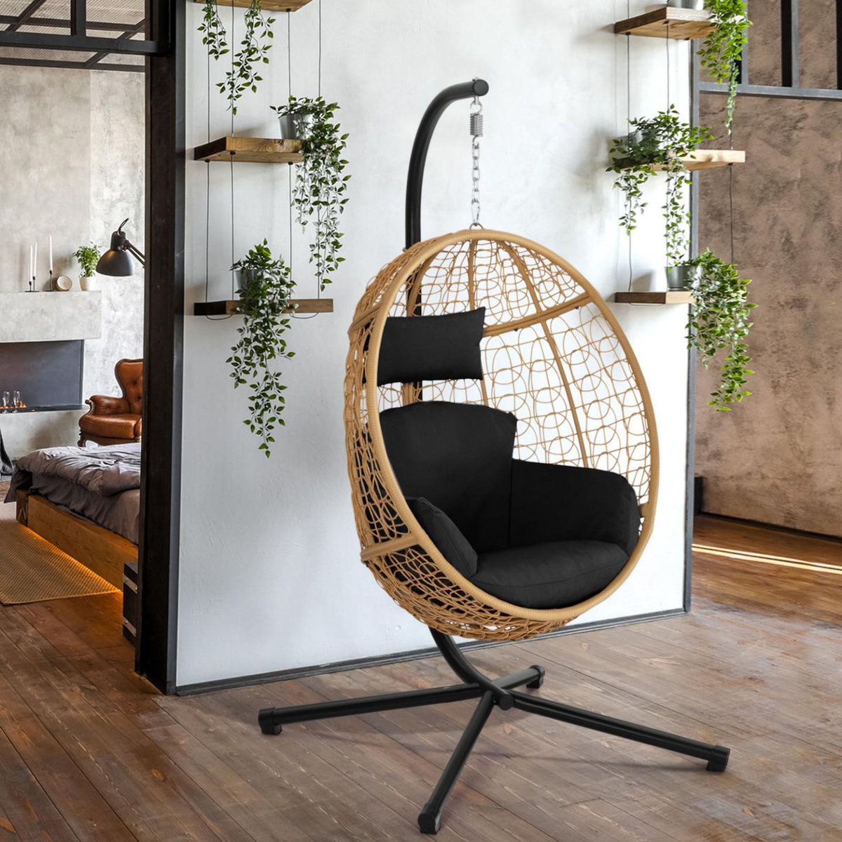 ID MARKET Fauteuil oeuf suspendu ajouré effet rotin avec coussin noir