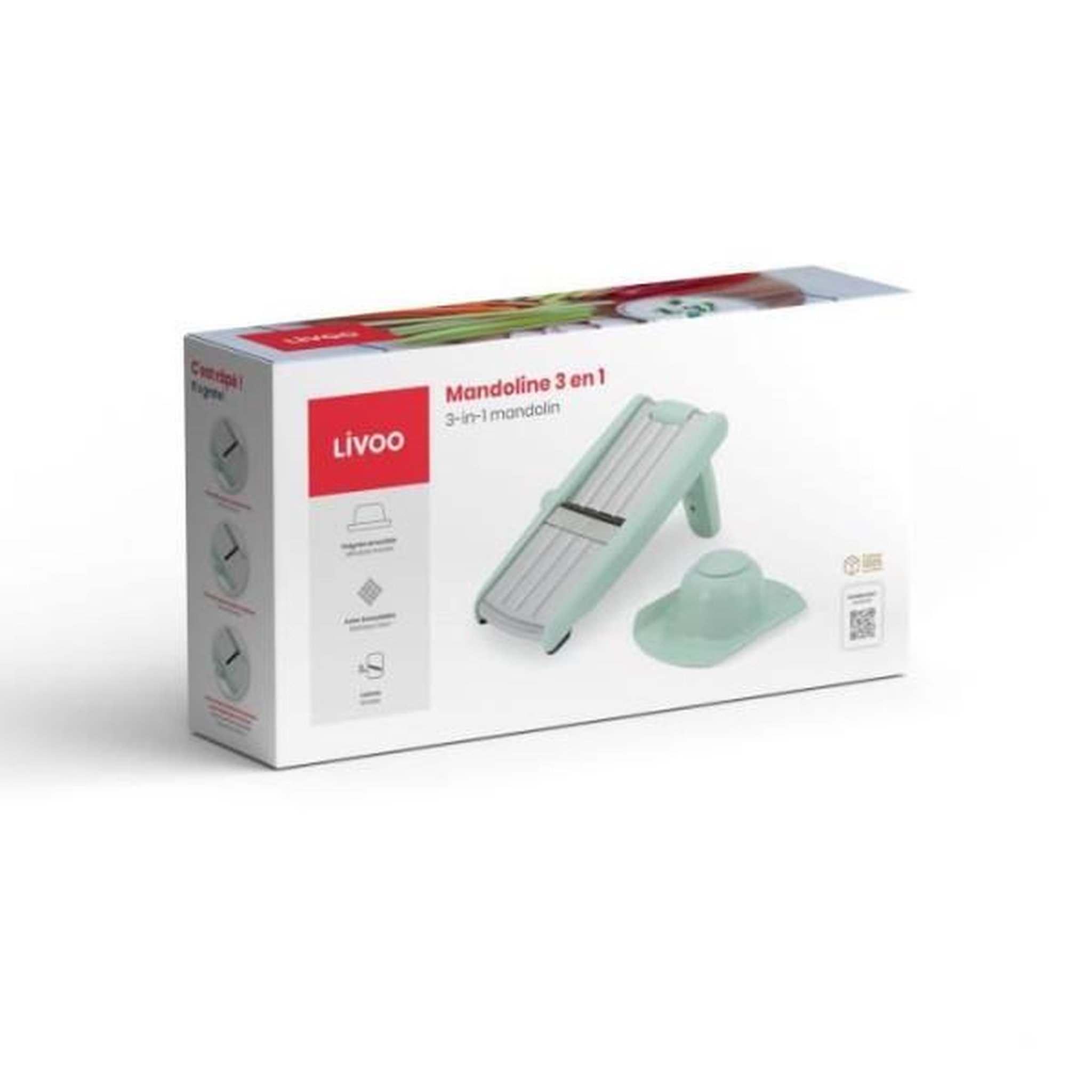 Voir la diapositive 6 : LIVOO Mandoline 3 en 1 - LIVOO - MEN429 - Acier inoxydable - 3 a 9 mm - Poignée amovible - Poussoir avec piques - Pieds antidérapant