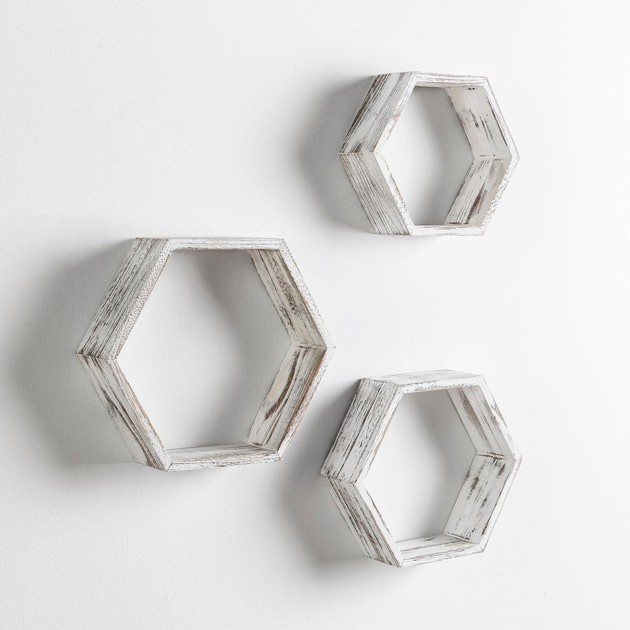 VS VENTA-STOCK Set de 3 Etagères murales Nuno hexagonales blanc, bois de paulownia