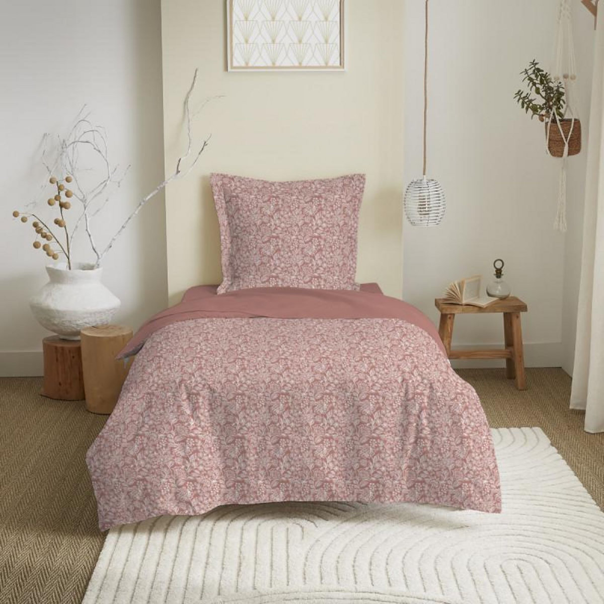 COTON PUR Parure de draps 3 pièces pour lit 90 x 190 cm Céleste pêche