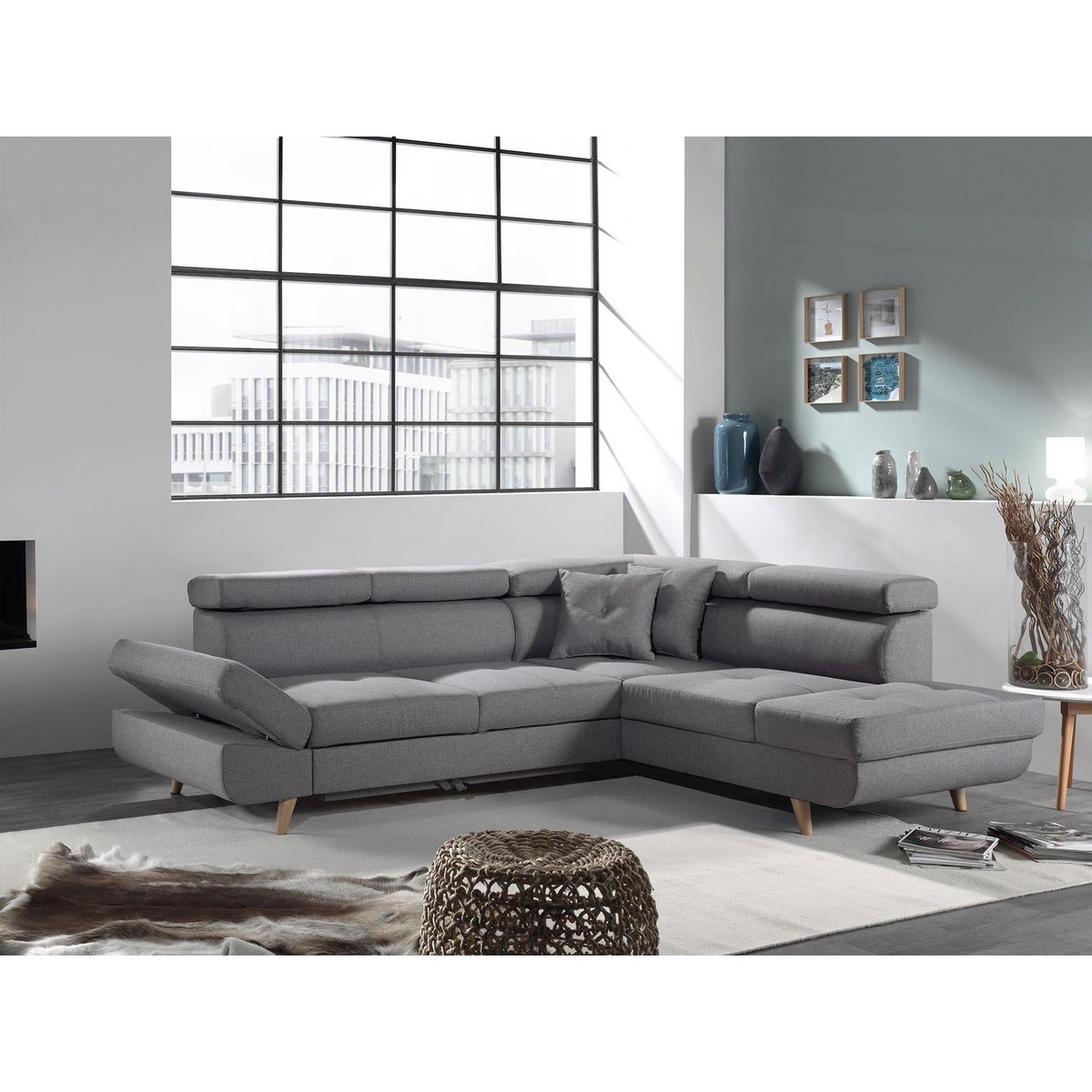 BEST MOBILIER Linea - canapé d'angle droit convertible - 5 places - avec têtières