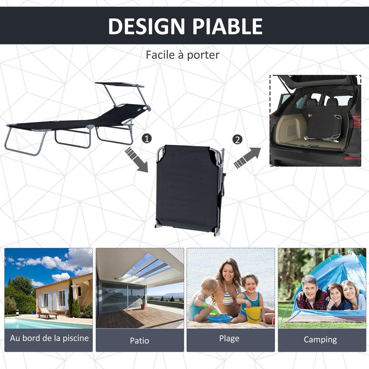 OUTSUNNY Transat bain de soleil pliable grand confort dossier et pare-soleil réglable multi-positions noir