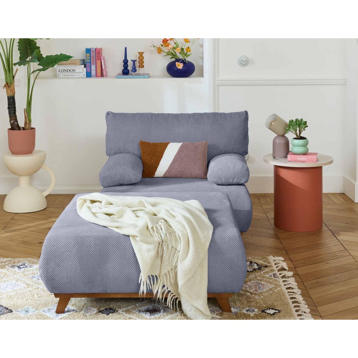 BEST MOBILIER Cristal - fauteuil - convertible avec coffre et grand pouf - en velours texturé