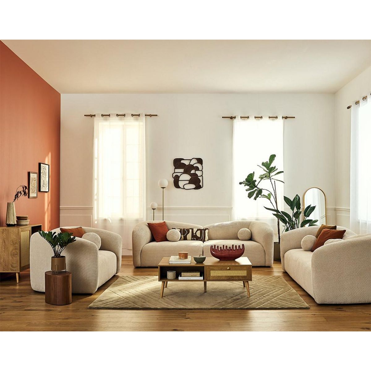 BEST MOBILIER Goto - table basse - effet bois et cannage - 1 tiroir et 1 niche - 110 cm