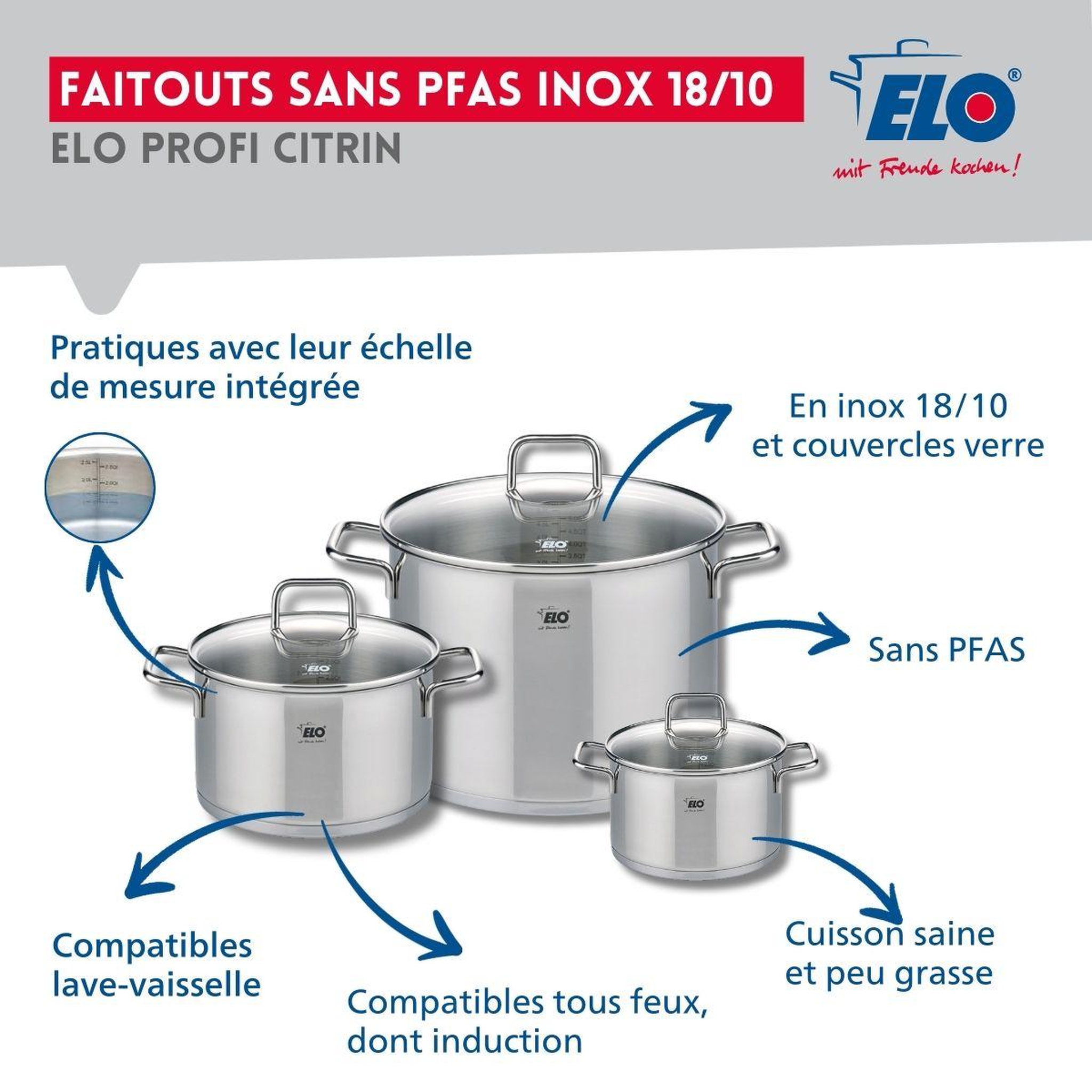 Voir la diapositive 3 : ELO Ensemble de 1 poêle de cuisson 24 cm et 3 faitouts 14, 20 et 26 cm elo profi citrin