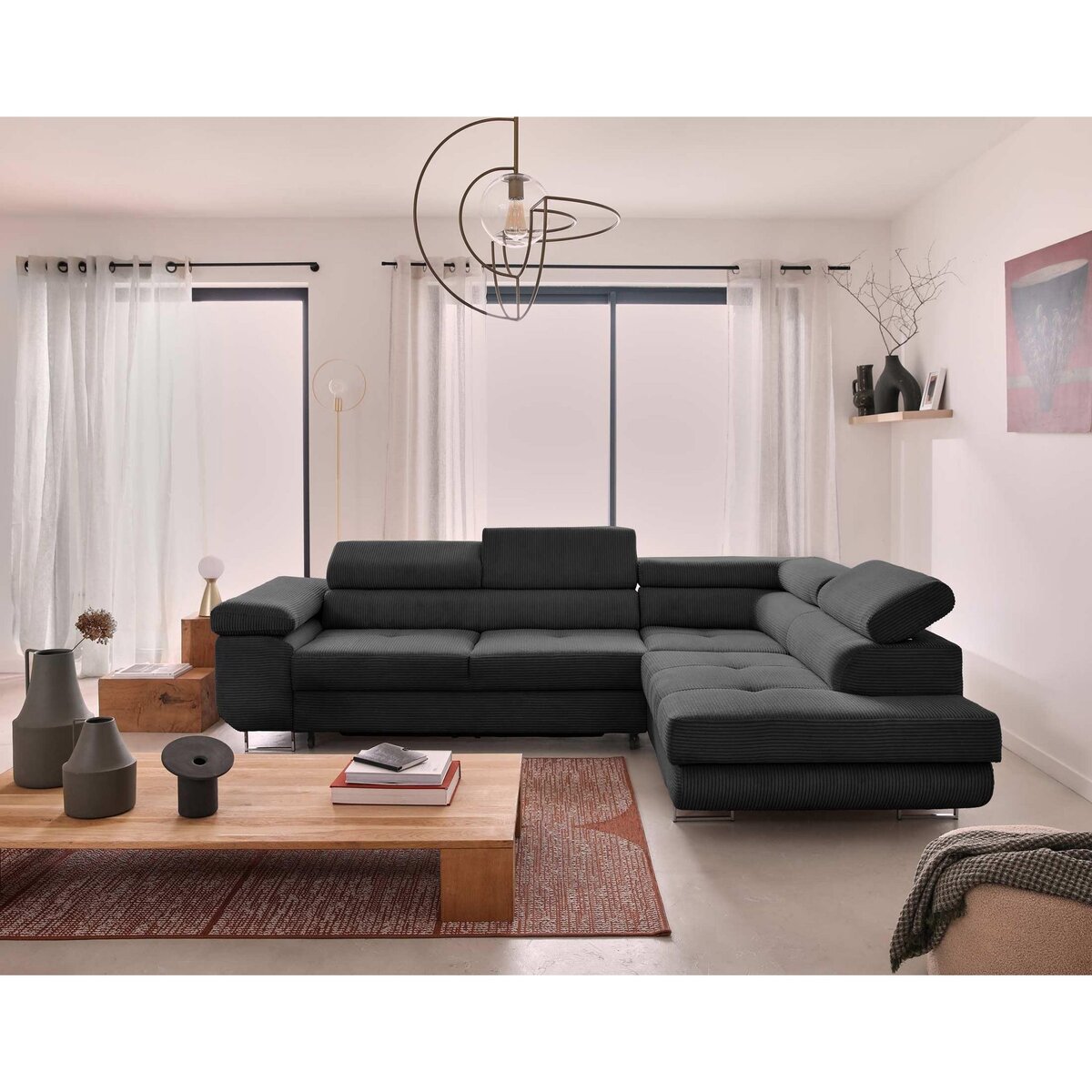 BEST MOBILIER Zaria - canapé d'angle droit - convertible avec coffre et têtières réglables - 5 places - en velours côtelé