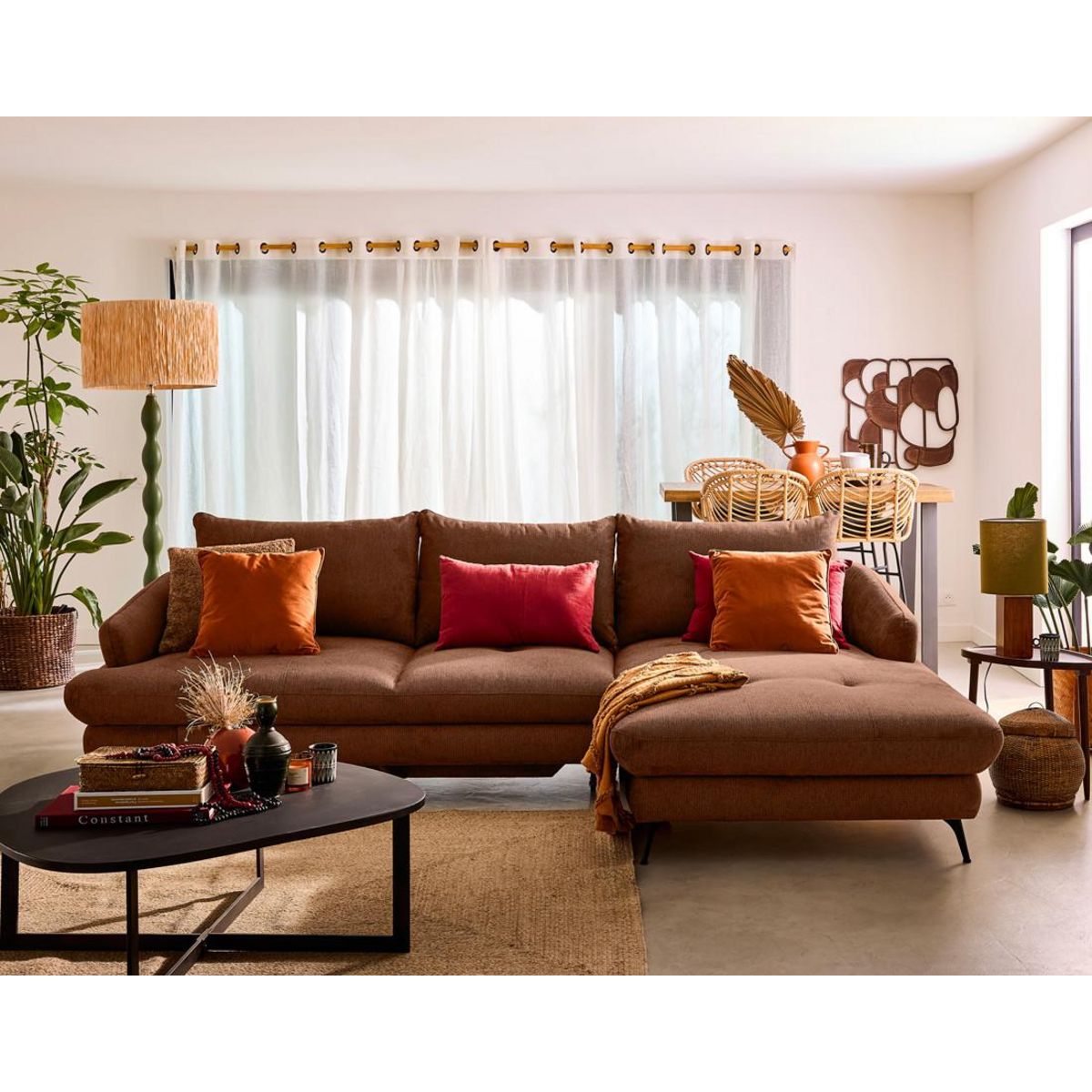 LISA DESIGN Ninon - canapé d'angle droit 4 places convertible avec coffre en tissu texturé