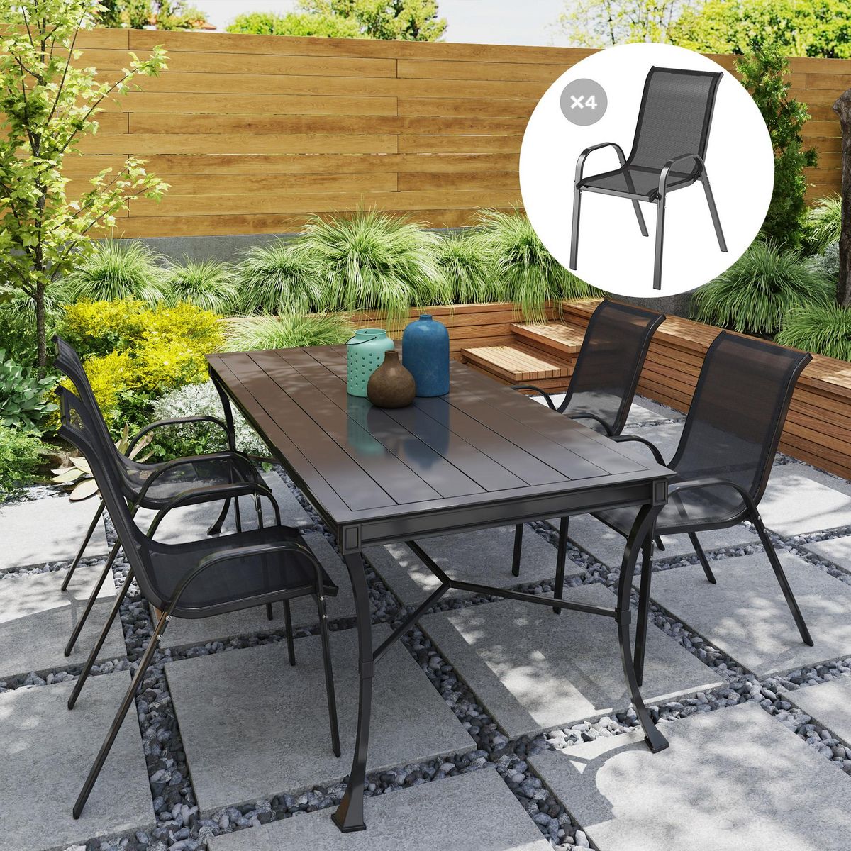 OUTSUNNY Lot de 4 chaises de jardin empilables - assise ergonomique, haut dossier, accoudoirs - acier textilène noir