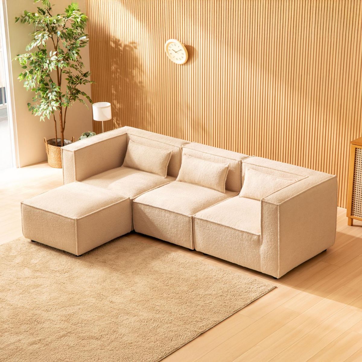 CONCEPT USINE Canapé modulable 3 places bouclette beige avec pouf MODULAR