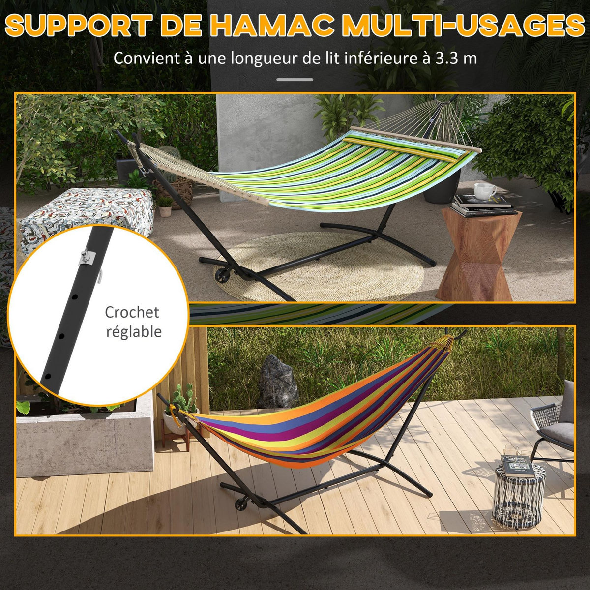OUTSUNNY Support pied de hamac acier époxy hauteur réglable 6 niveaux dim. 290L x 120l x 115H cm noir