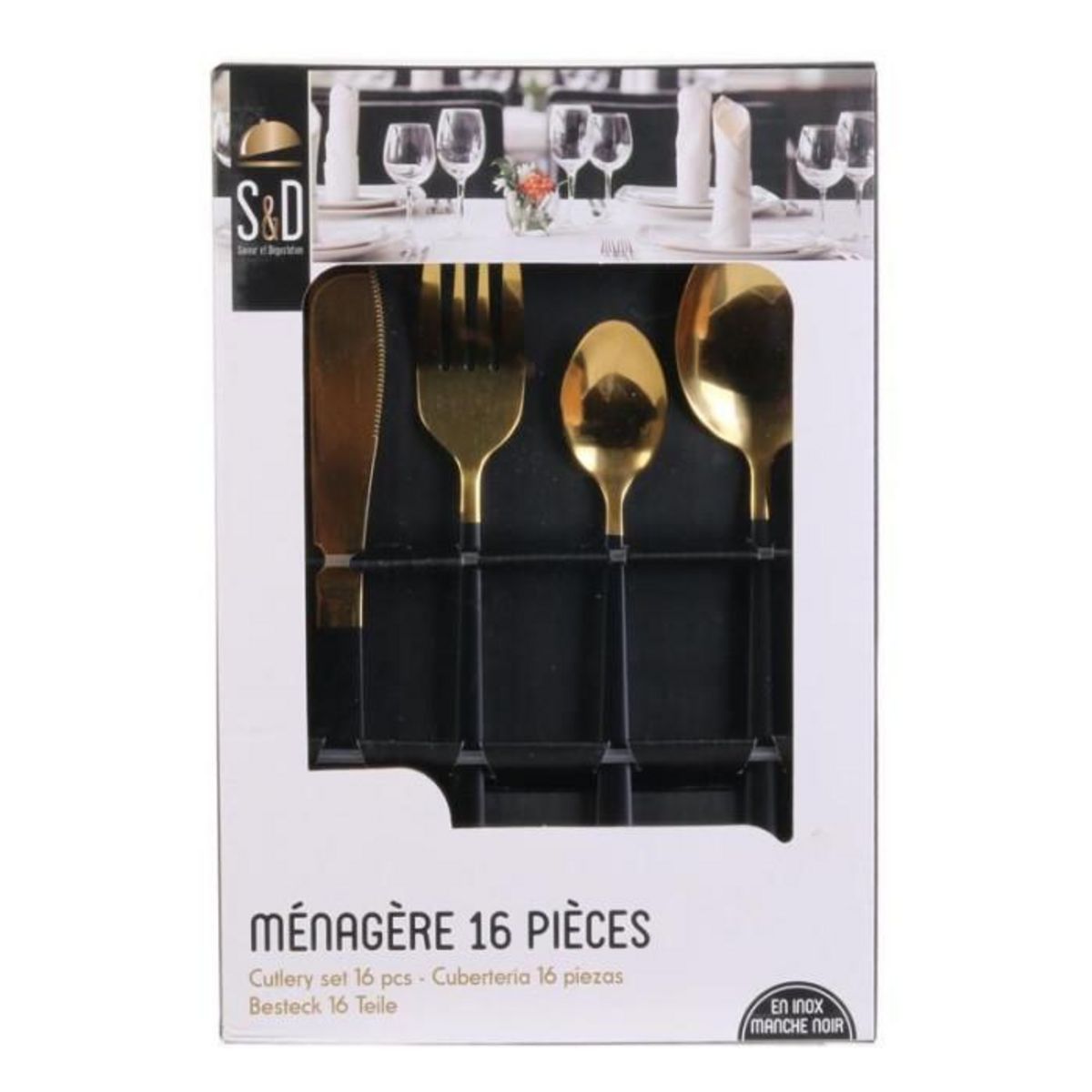 Paris Prix Ménagère 16 Pièces  Manche Noir  21cm Or